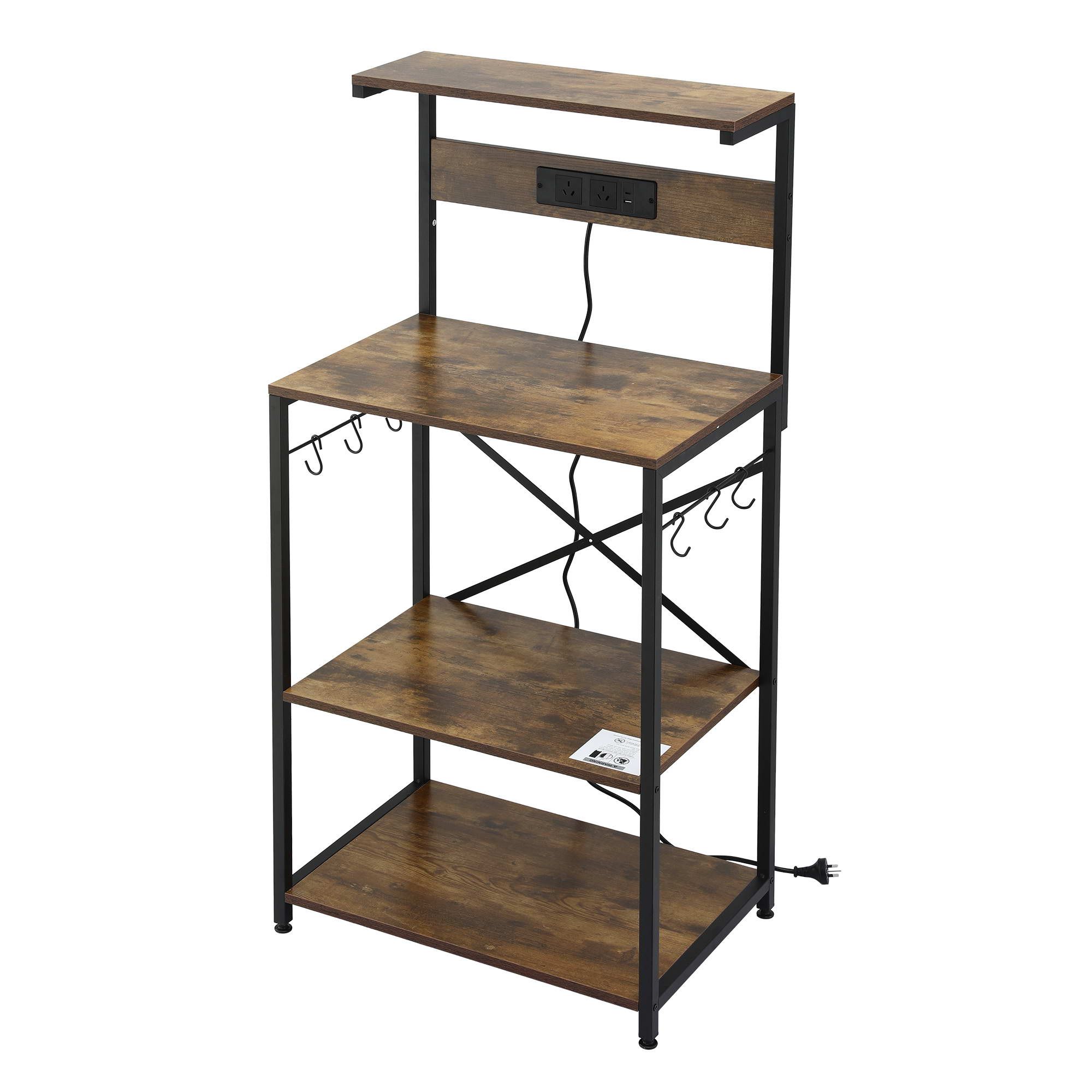 Artiss 4-Tier Kitchen Rack with 2 Power Outlets 6 Hooks Microwave Storage Shelf - Image 4