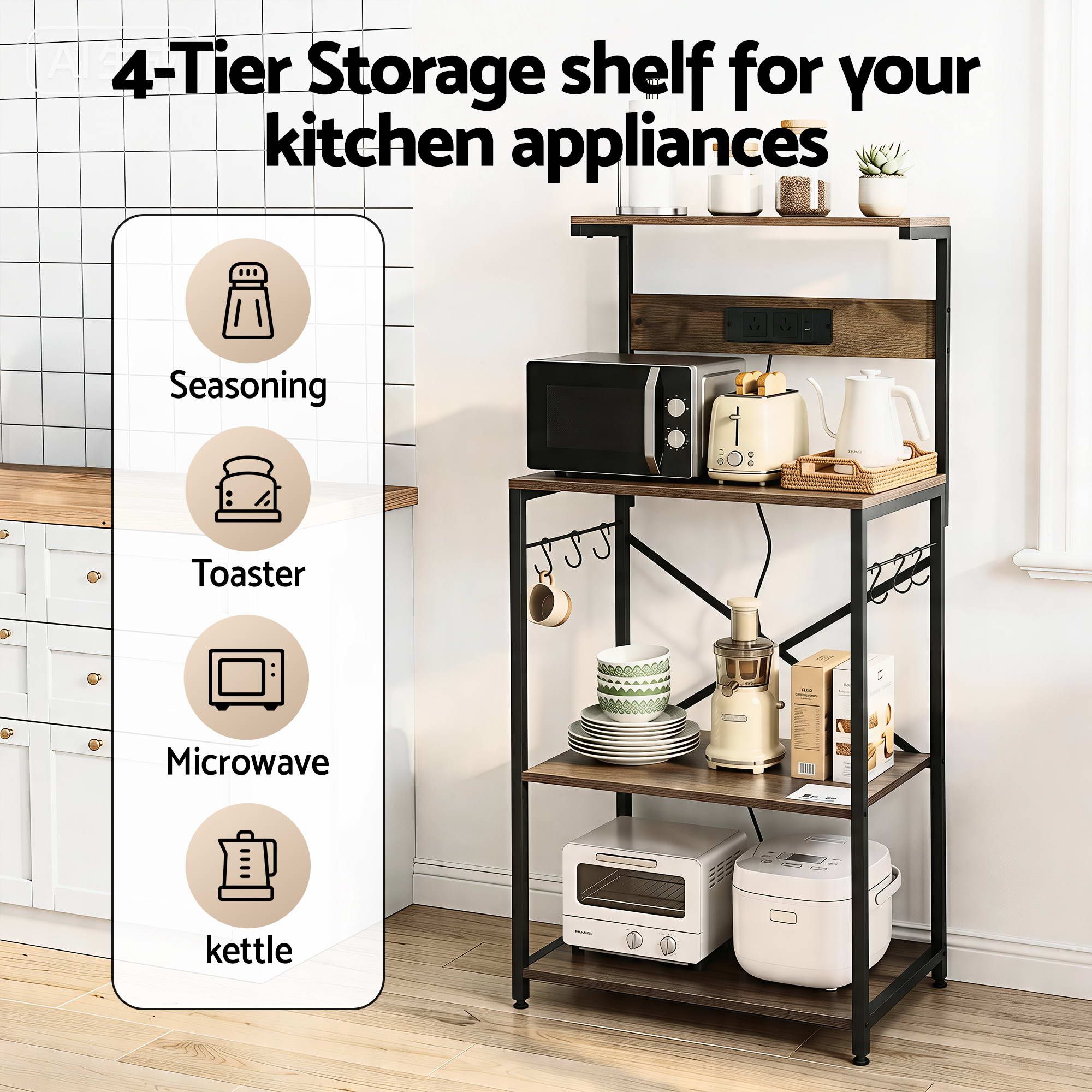 Artiss 4-Tier Kitchen Rack with 2 Power Outlets 6 Hooks Microwave Storage Shelf - Image 5
