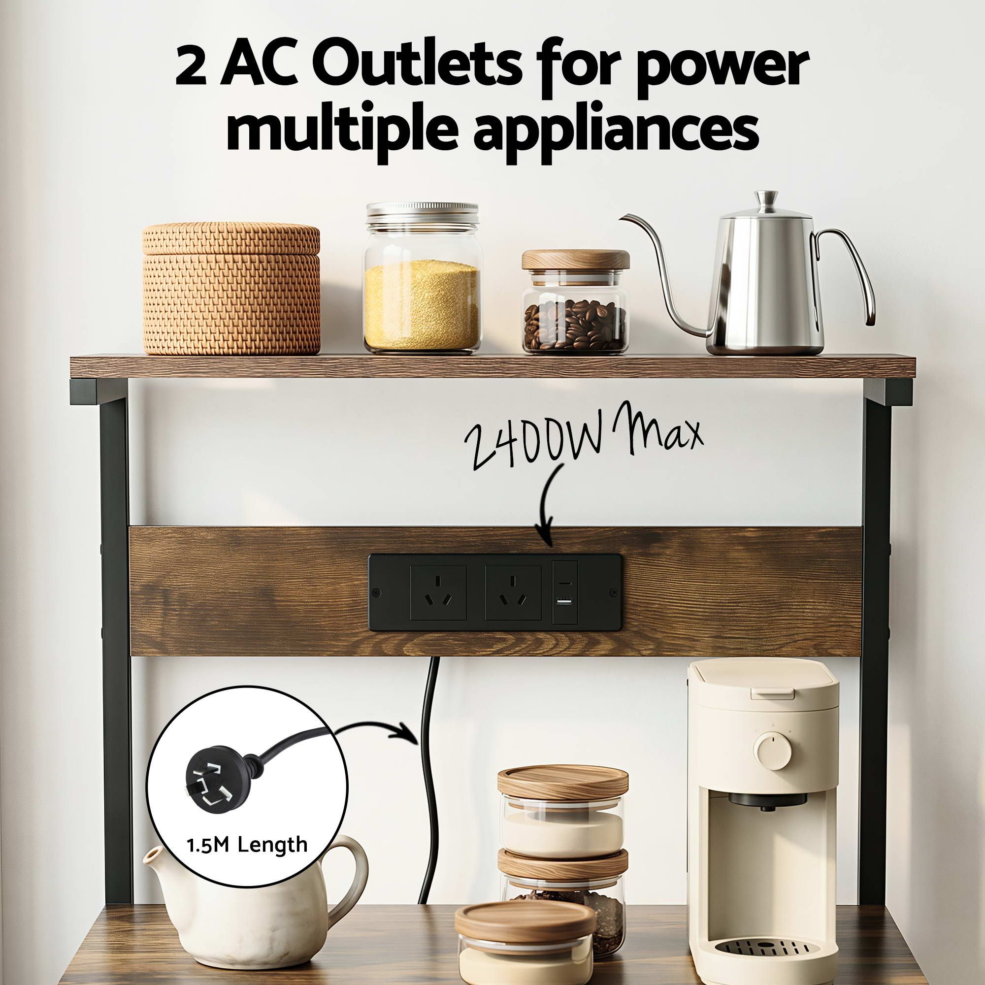 Artiss 4-Tier Kitchen Rack with 2 Power Outlets 6 Hooks Microwave Storage Shelf - Image 6