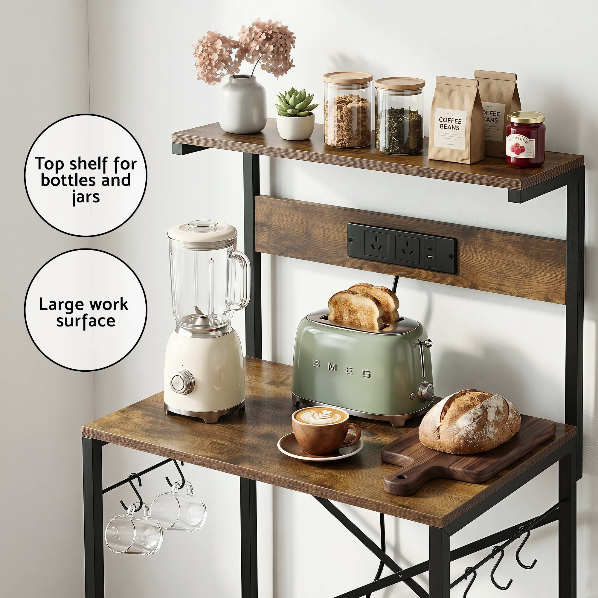 Artiss 4-Tier Kitchen Rack with 2 Power Outlets 6 Hooks Microwave Storage Shelf - Image 7