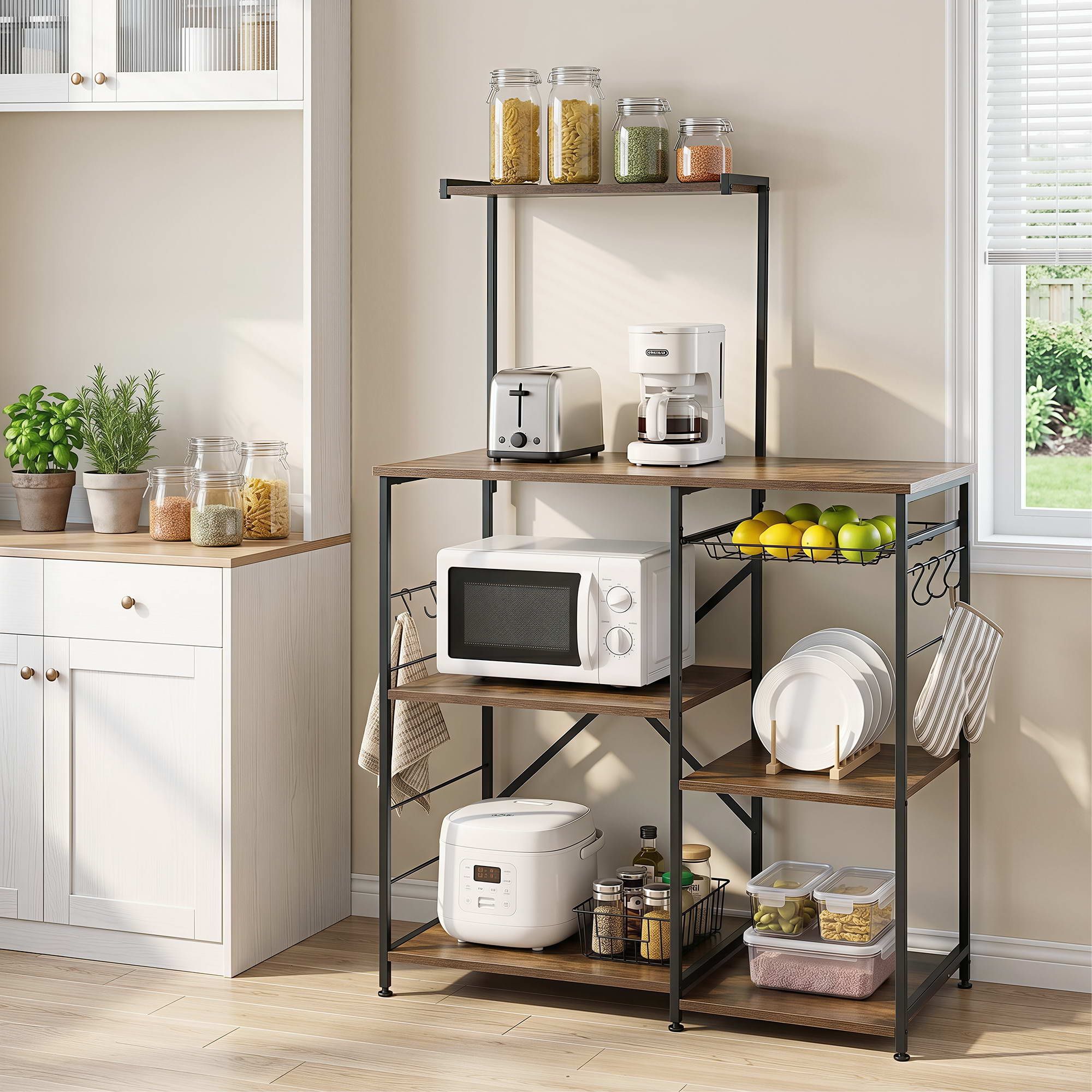 Artiss 4-Tier Kitchen Rack with Pull Out Basket 6 Hooks Microwave Storage Shelf - Image 1