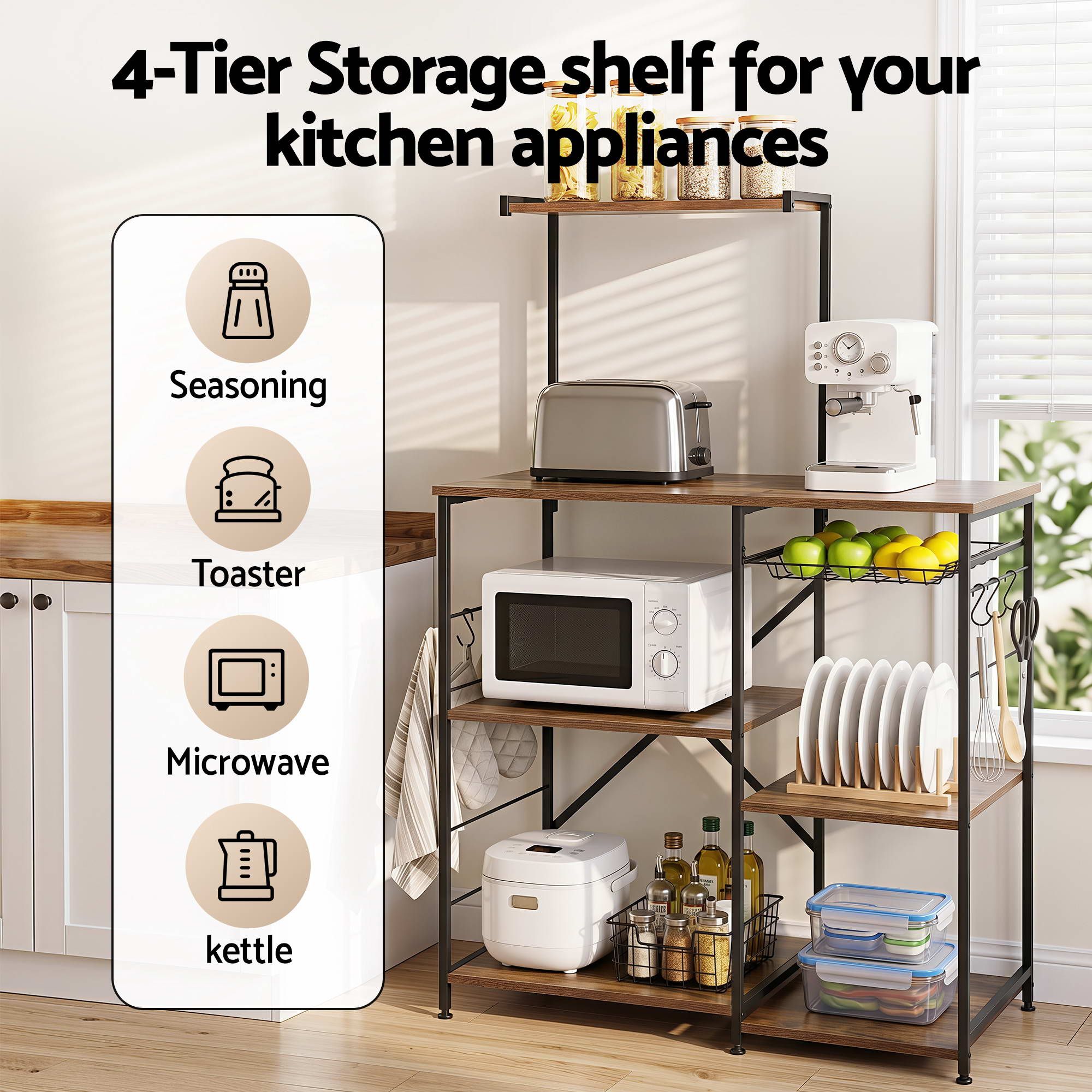 Artiss 4-Tier Kitchen Rack with Pull Out Basket 6 Hooks Microwave Storage Shelf - Image 5