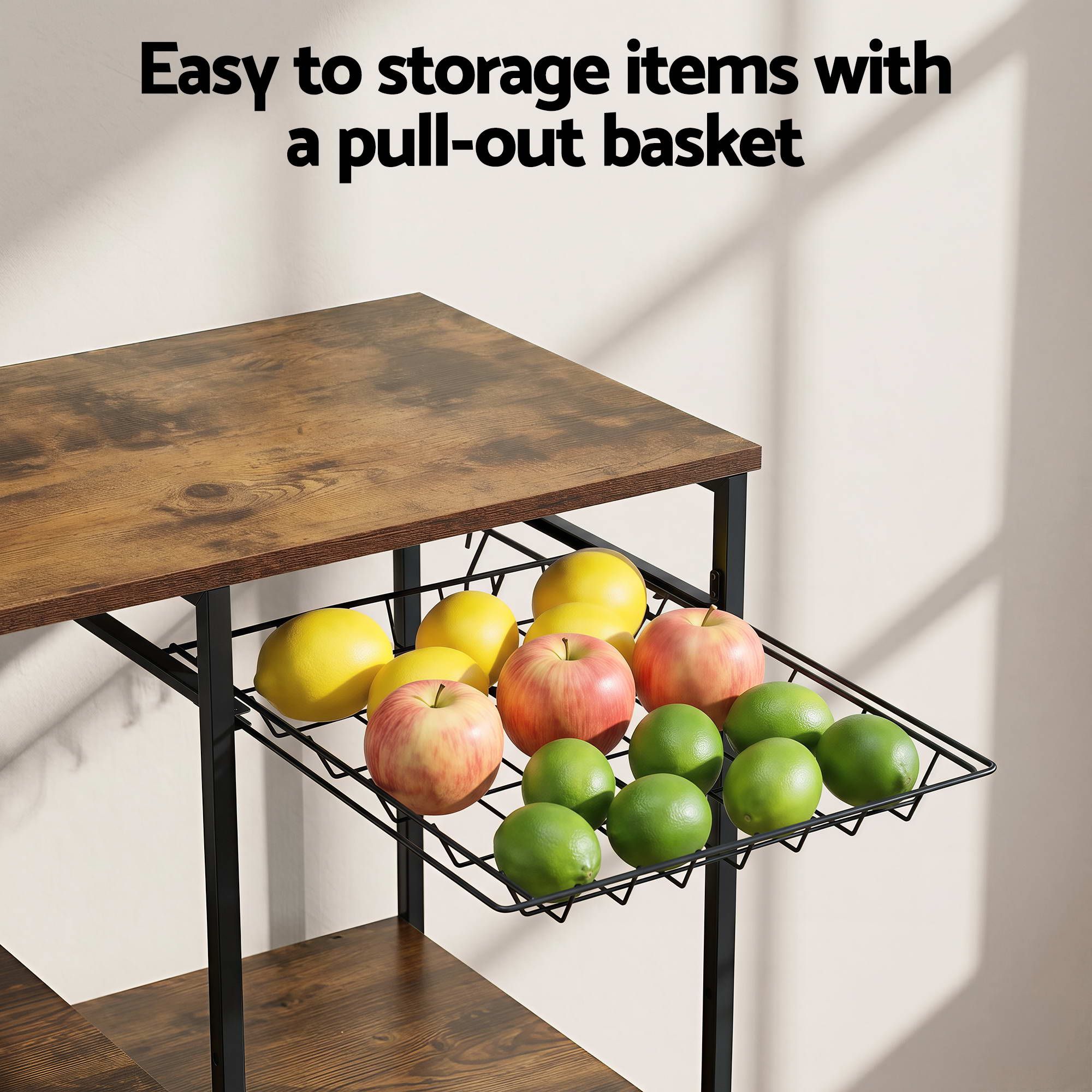 Artiss 4-Tier Kitchen Rack with Pull Out Basket 6 Hooks Microwave Storage Shelf - Image 6