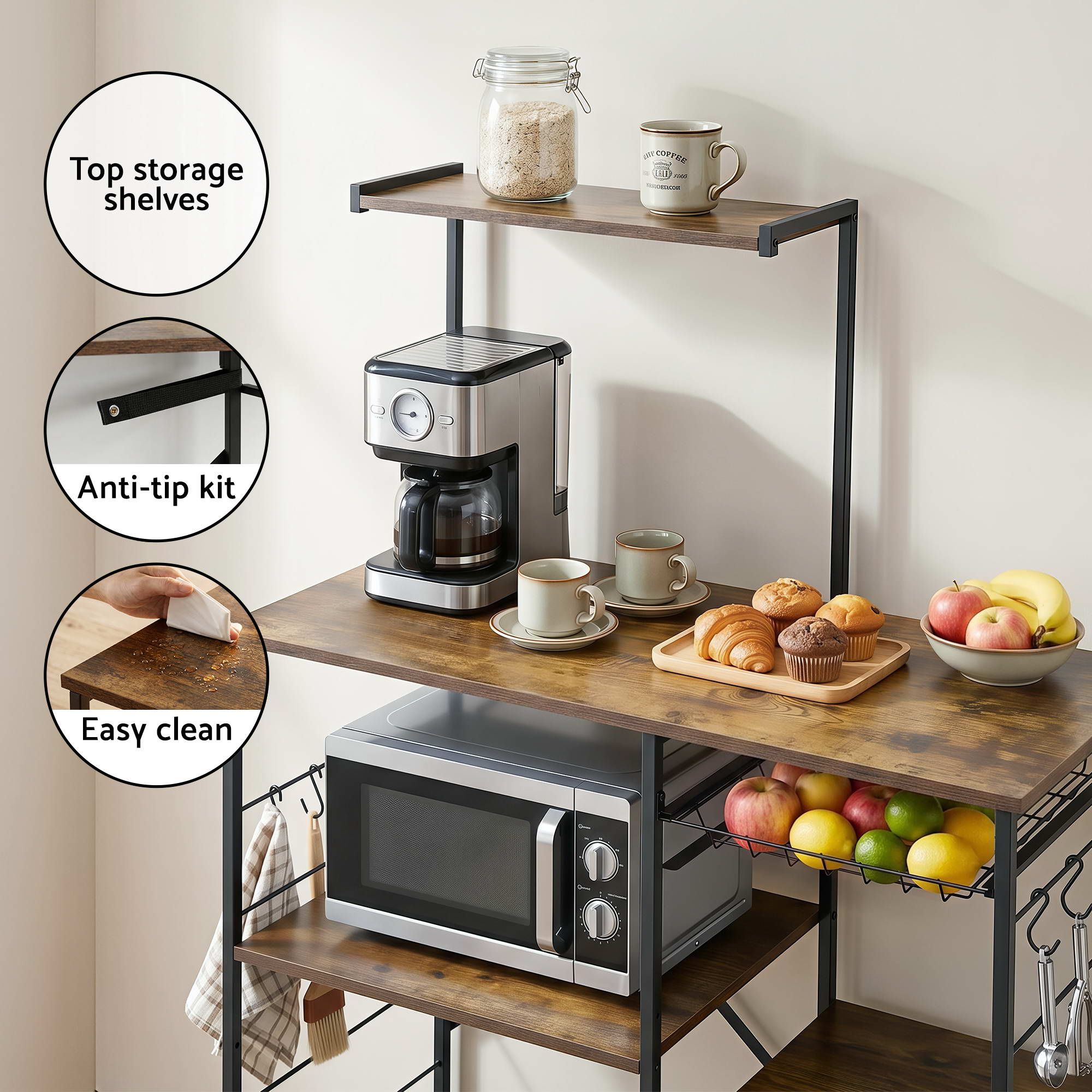 Artiss 4-Tier Kitchen Rack with Pull Out Basket 6 Hooks Microwave Storage Shelf - Image 7
