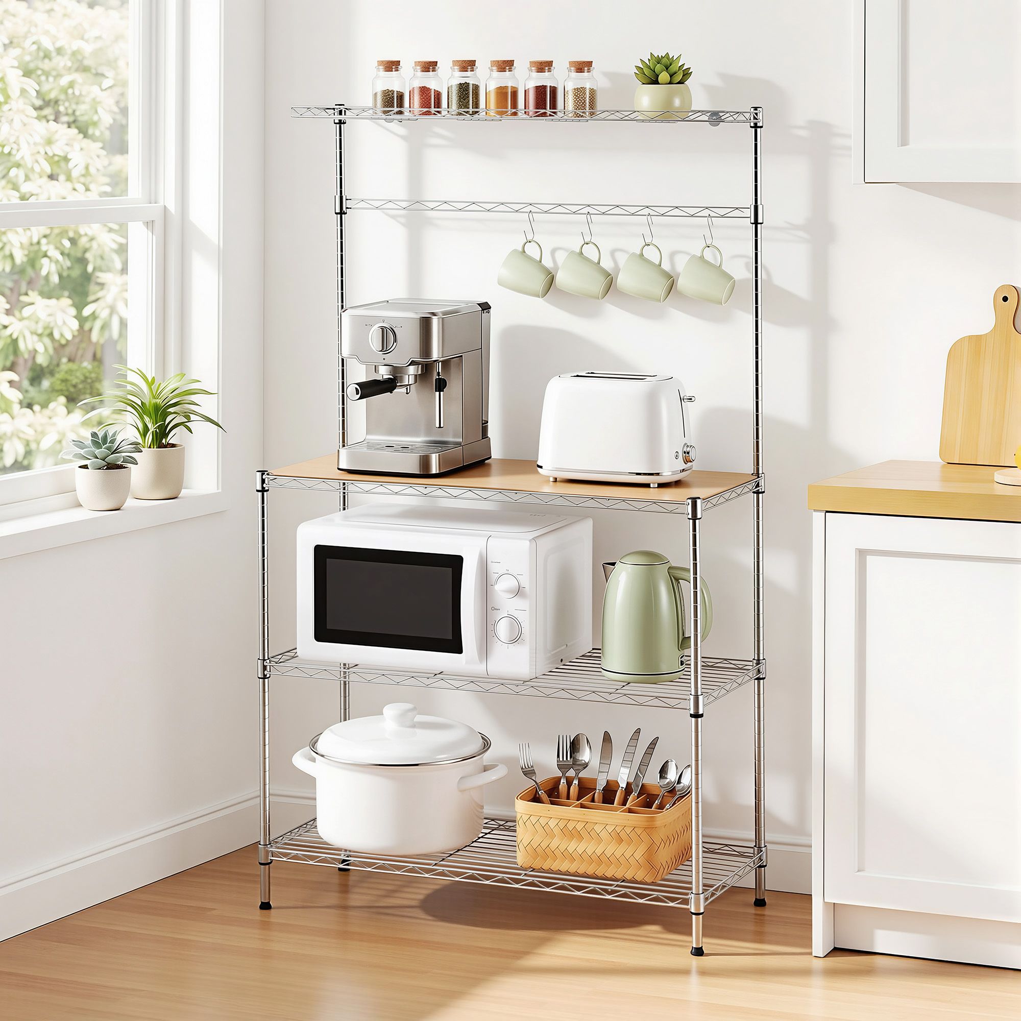 Artiss 4-Tier Metal Kitchen Rack Shelf Silver Storage Shelves Organizer Microwave Stand 90cmx151cm - Image 1