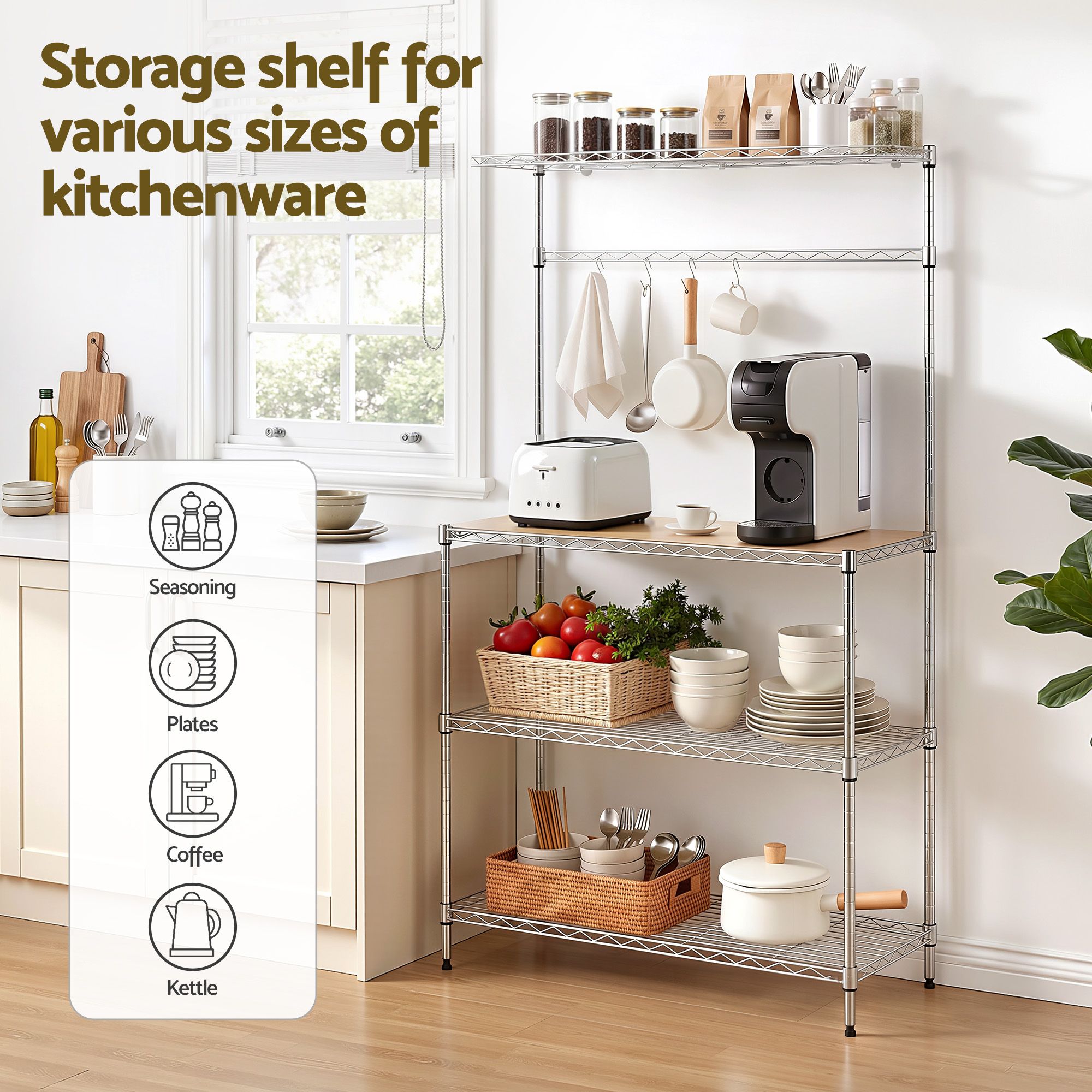 Artiss 4-Tier Metal Kitchen Rack Shelf Silver Storage Shelves Organizer Microwave Stand 90cmx151cm - Image 6