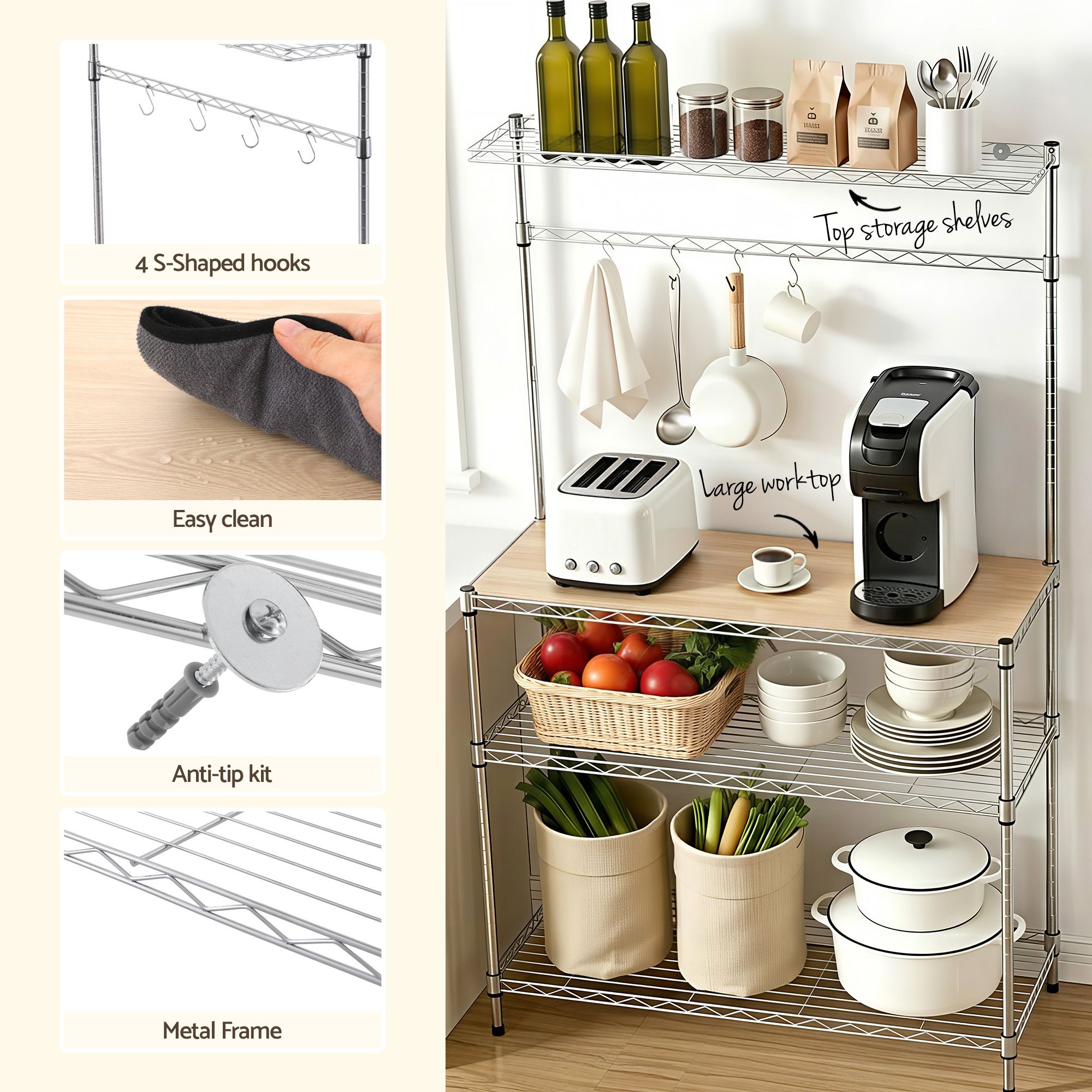 Artiss 4-Tier Metal Kitchen Rack Shelf Silver Storage Shelves Organizer Microwave Stand 90cmx151cm - Image 8
