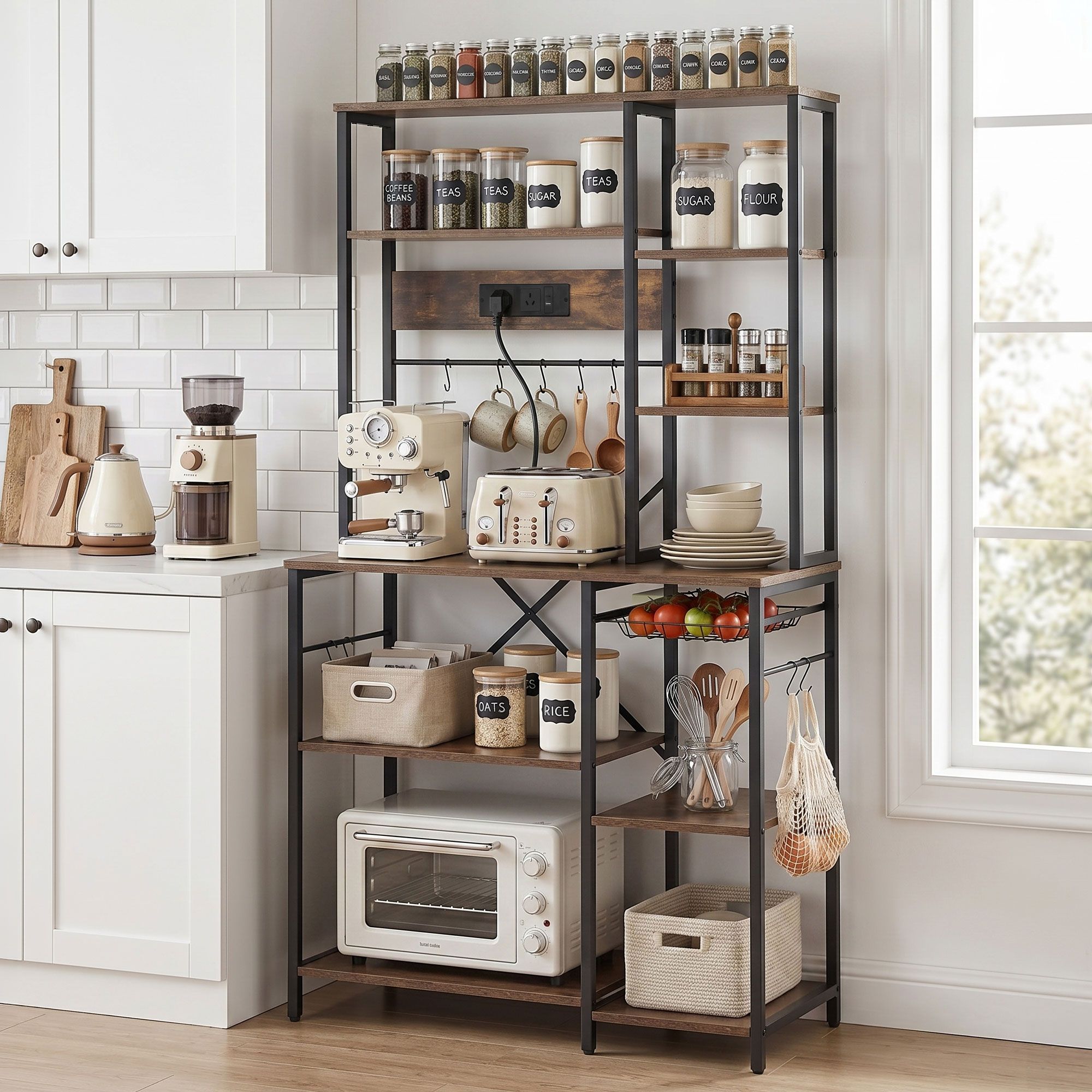 Artiss Kitchen Rack with Power Outlets Hooks 96CMX170CM Microwave Storage Shelf - Image 1
