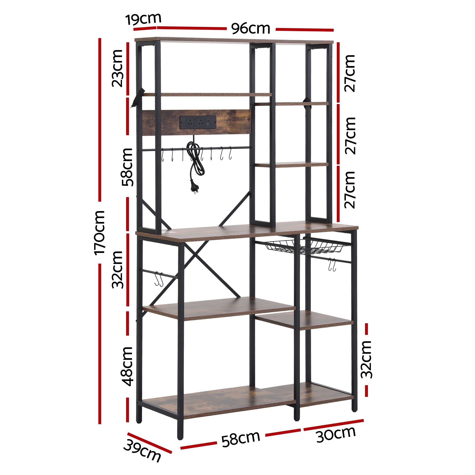 Artiss Kitchen Rack with Power Outlets Hooks 96CMX170CM Microwave Storage Shelf - Image 3