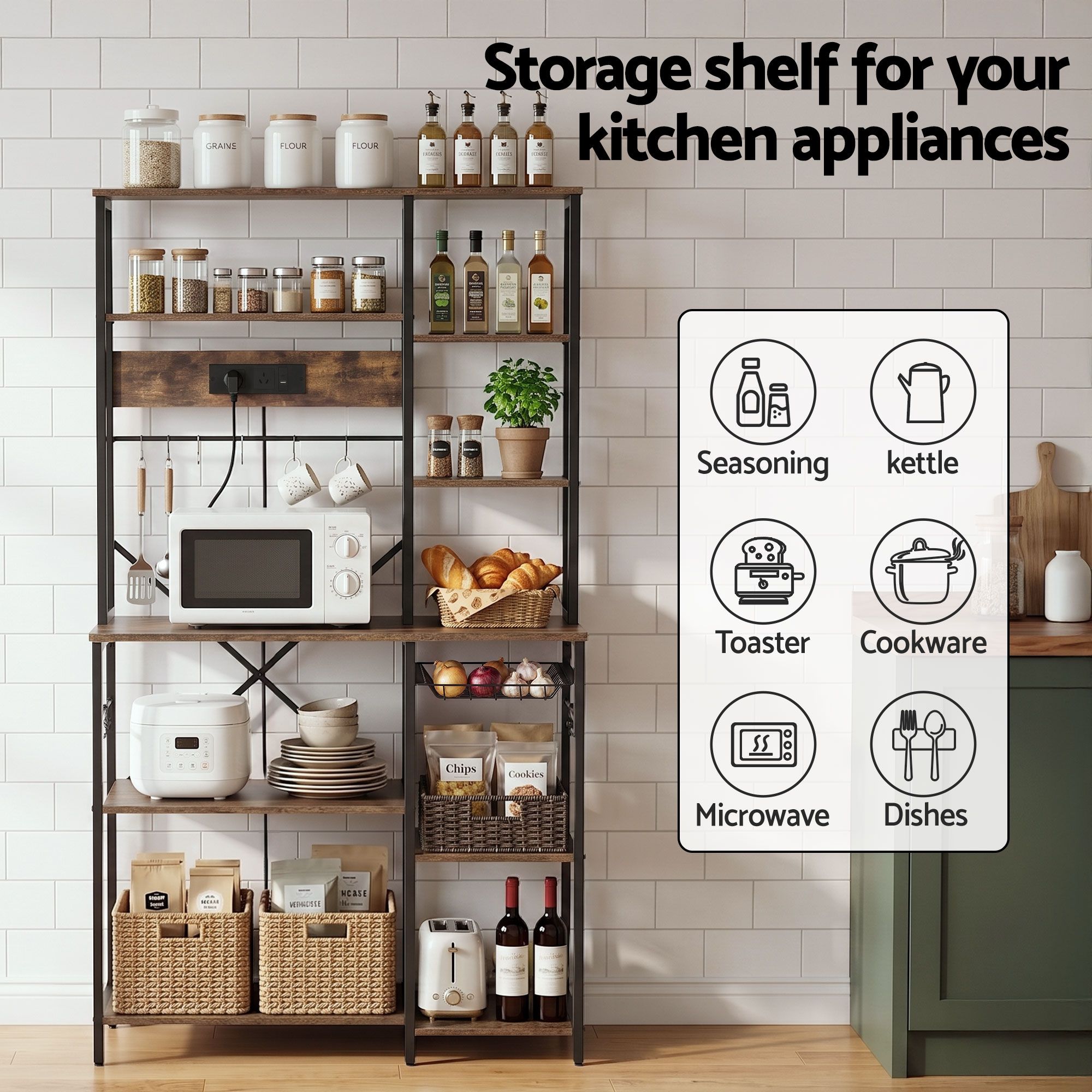 Artiss Kitchen Rack with Power Outlets Hooks 96CMX170CM Microwave Storage Shelf - Image 5