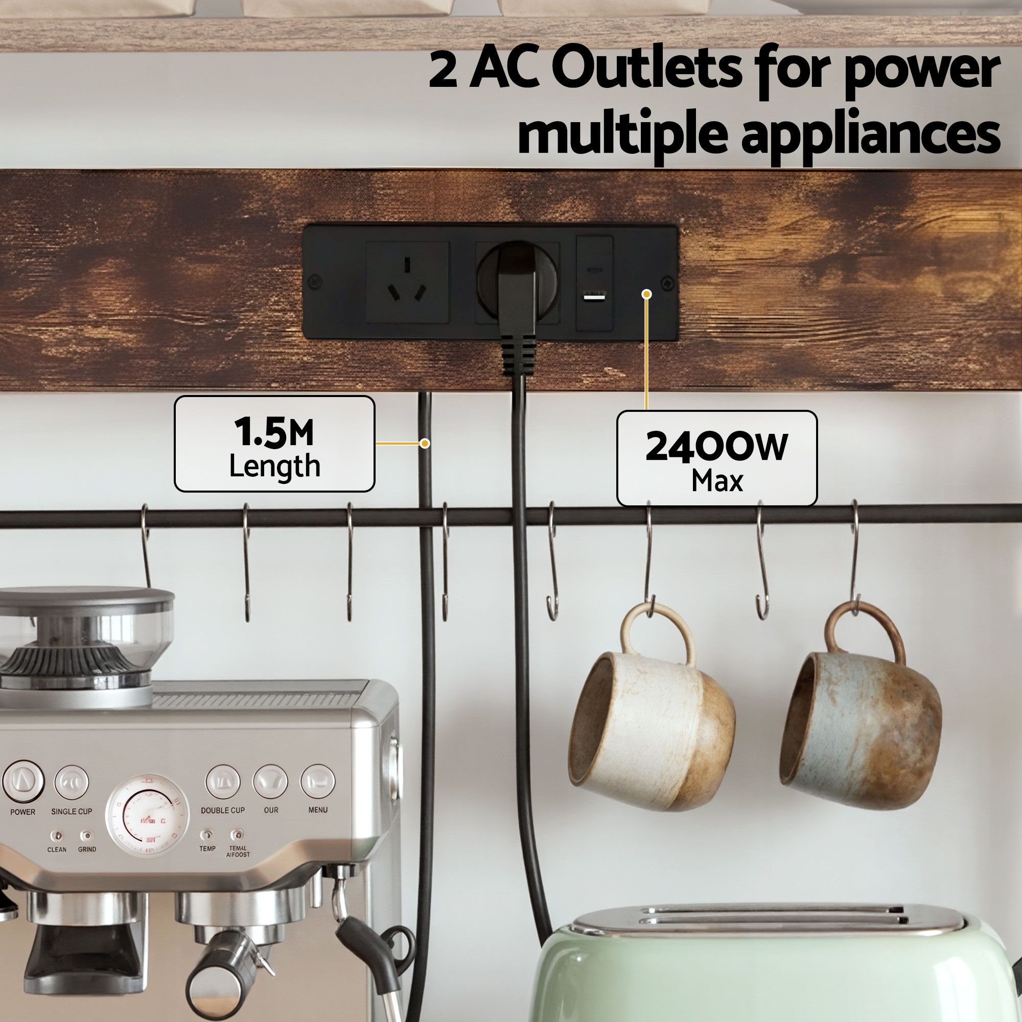 Artiss Kitchen Rack with Power Outlets Hooks 96CMX170CM Microwave Storage Shelf - Image 6