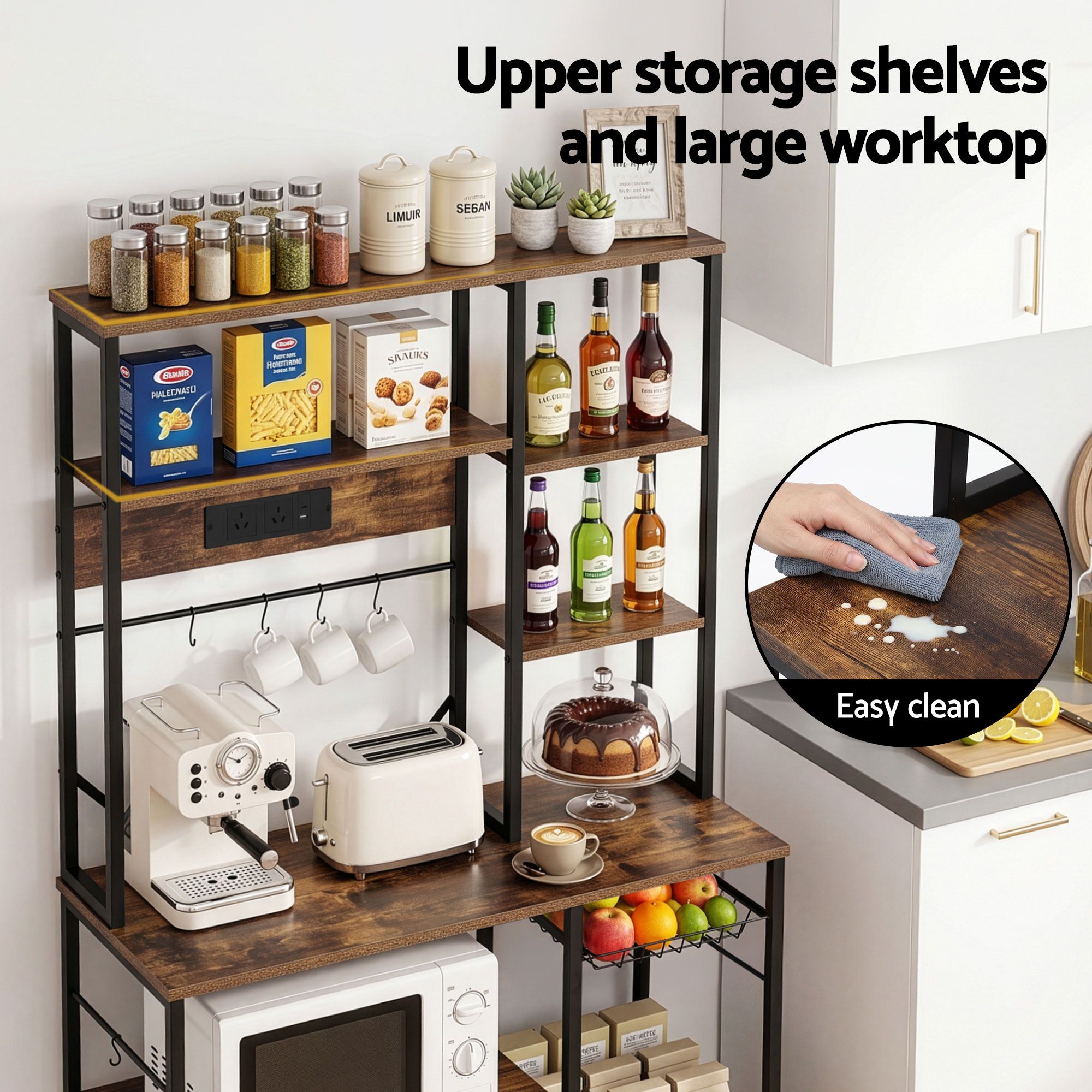 Artiss Kitchen Rack with Power Outlets Hooks 96CMX170CM Microwave Storage Shelf - Image 7