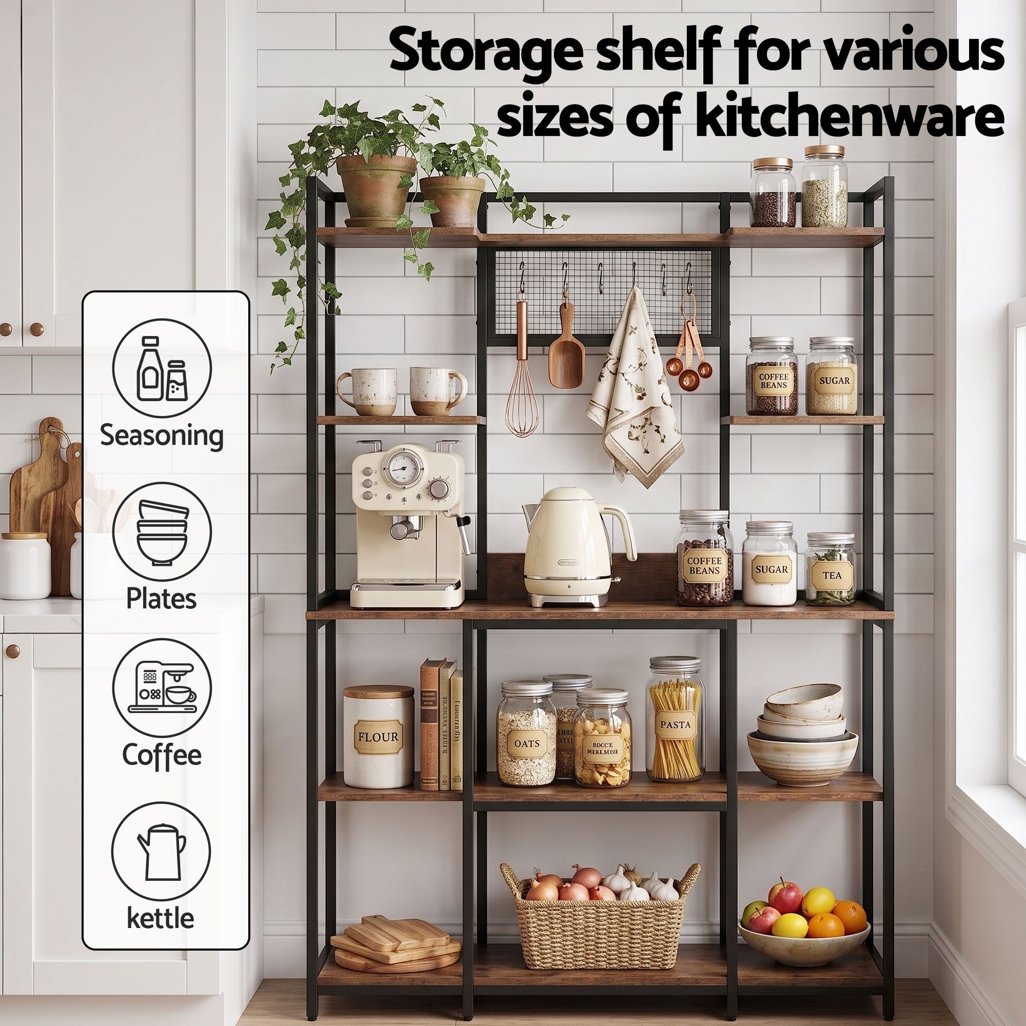 Artiss Kitchen Rack with 6 Hooks Microwave Storage Shelf 120cm x 170cm - Image 5