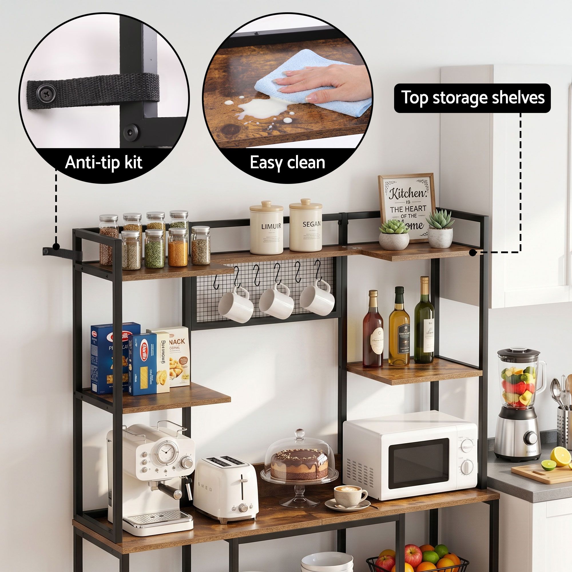 Artiss Kitchen Rack with 6 Hooks Microwave Storage Shelf 120cm x 170cm - Image 7
