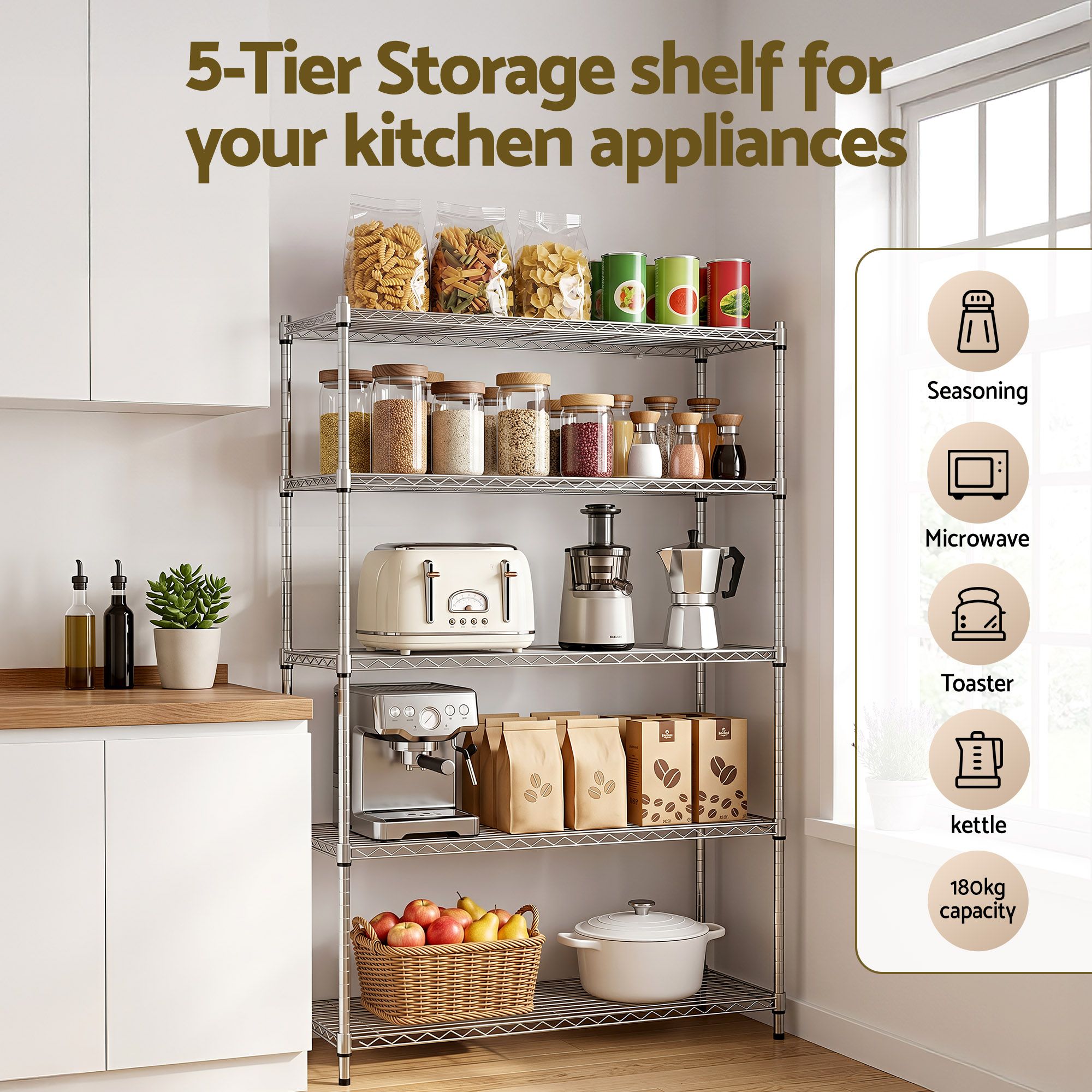 Artiss 5-Tier Kitchen Rack Shelf Shelving 120x45x179CM Adjustable Metal Storage Shelves - Image 5