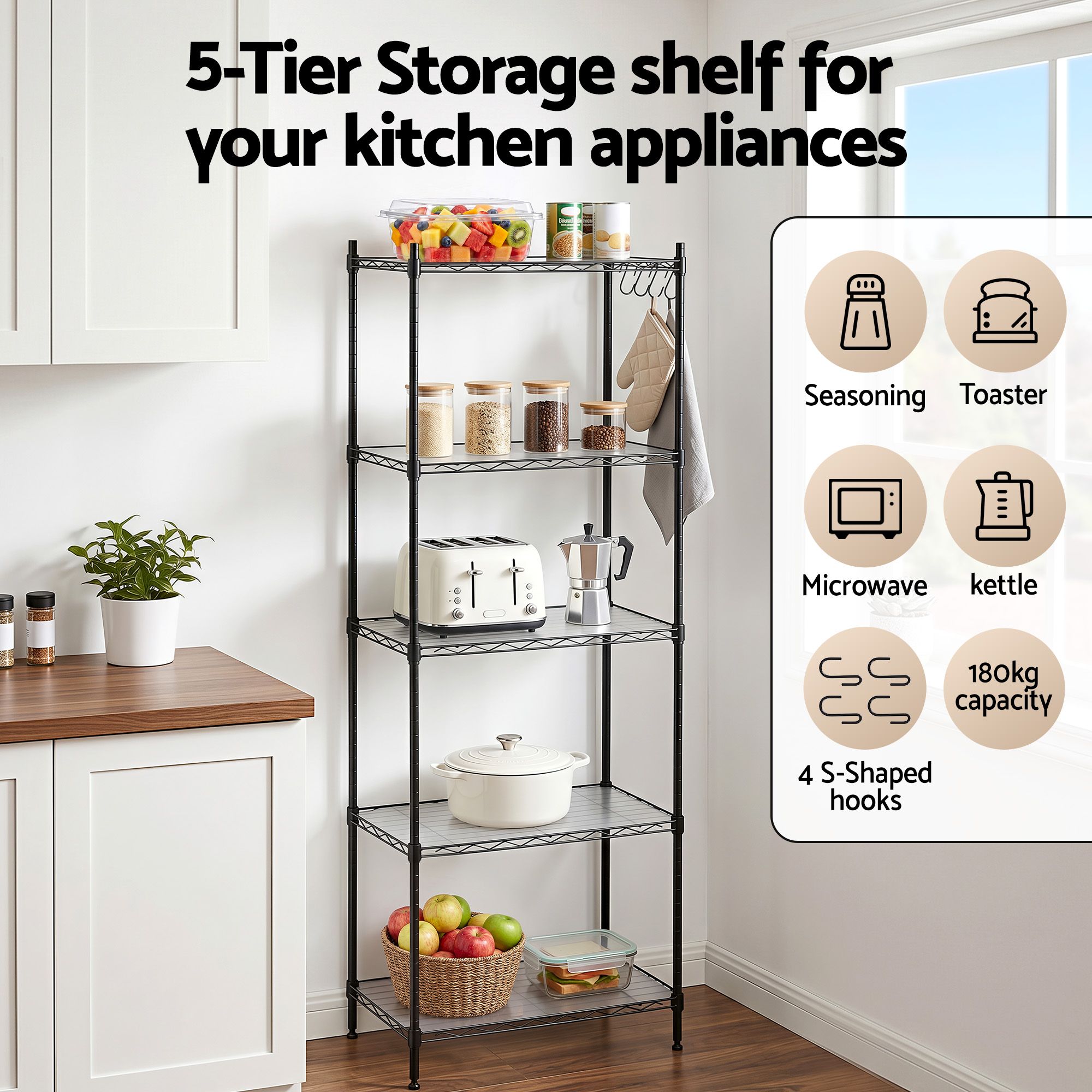 Artiss 5-Tier Kitchen Rack Shelf Shelving Unit 55x30x150CM Adjustable Metal Storage Shelves Black - Image 6