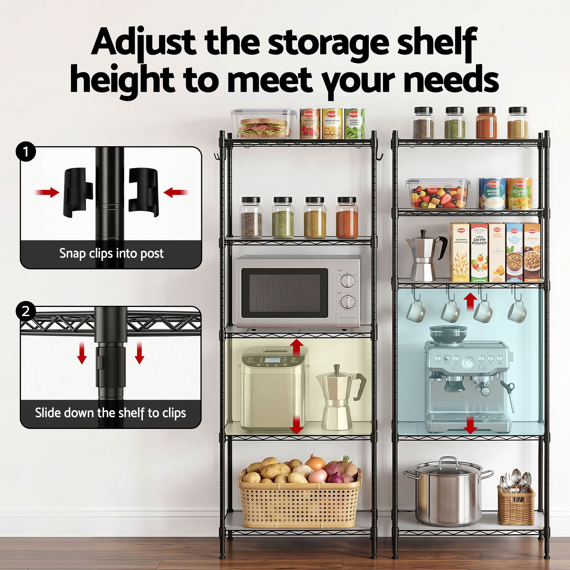Artiss 5-Tier Kitchen Rack Shelf Shelving Unit 55x30x150CM Adjustable Metal Storage Shelves Black - Image 7