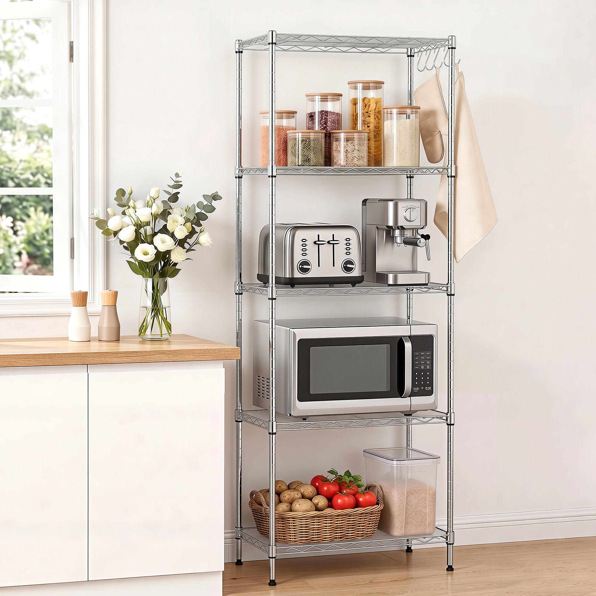 Artiss 5-Tier Kitchen Rack Shelf Shelving Unit 60x35x150CM Adjustable Metal Storage Shelves Silver - Image 1