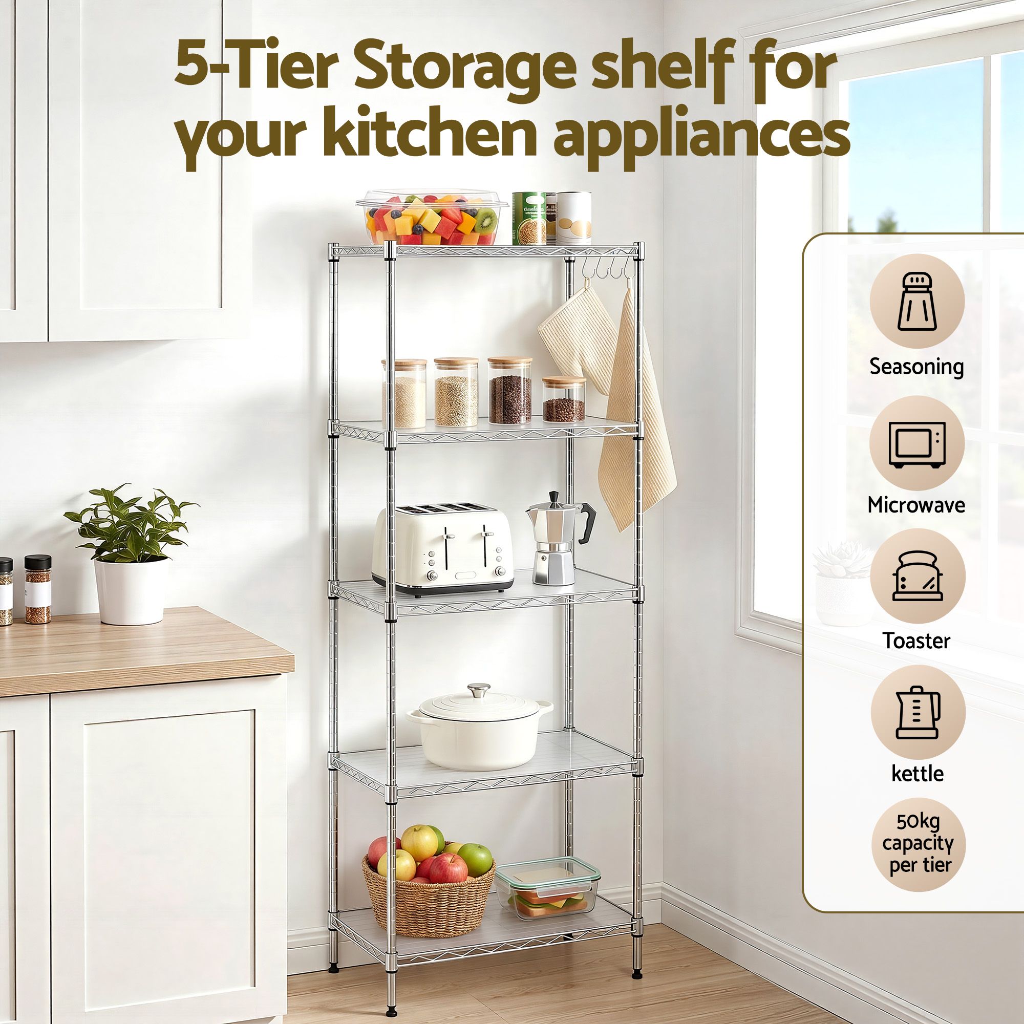 Artiss 5-Tier Kitchen Rack Shelf Shelving Unit 60x35x150CM Adjustable Metal Storage Shelves Silver - Image 6