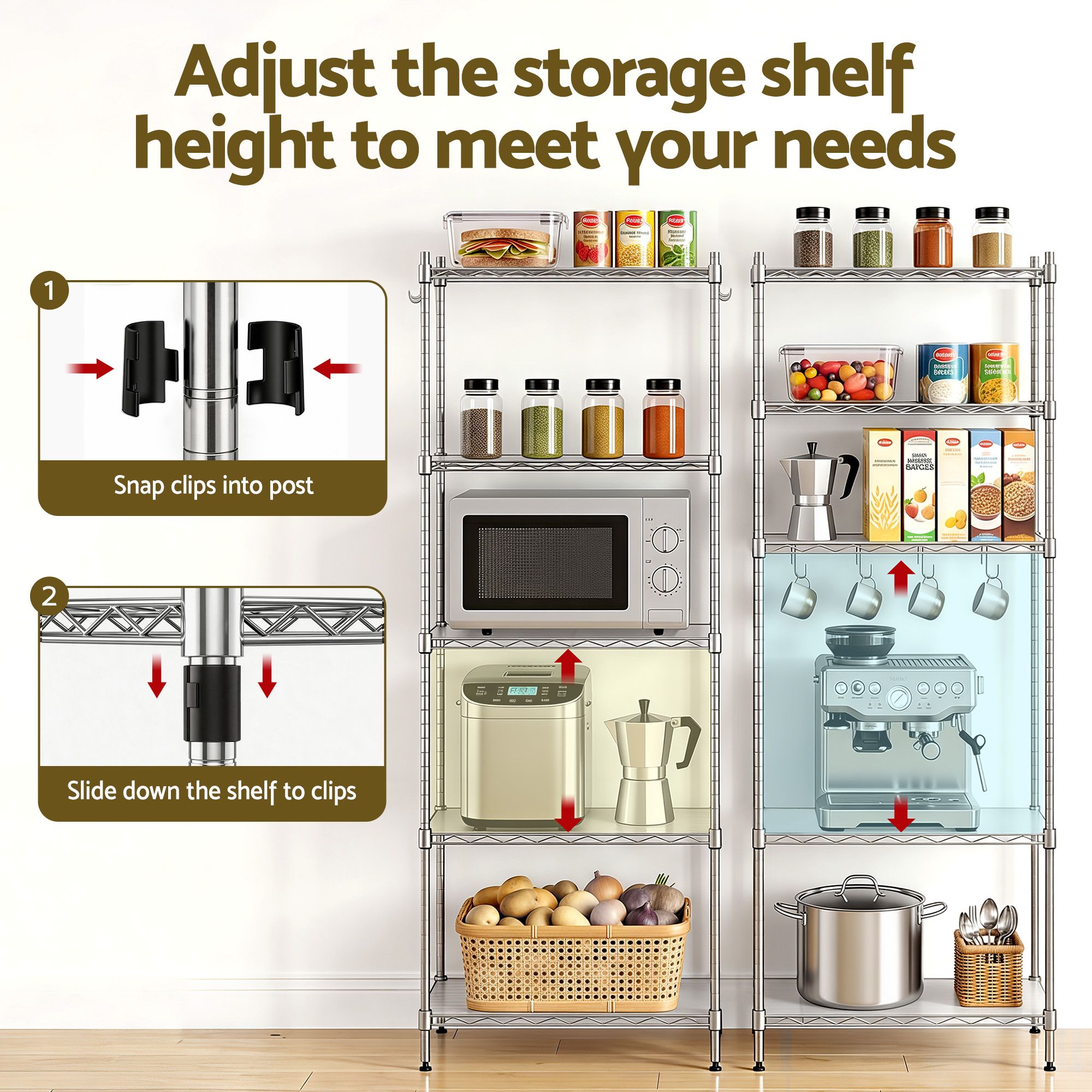 Artiss 5-Tier Kitchen Rack Shelf Shelving Unit 60x35x150CM Adjustable Metal Storage Shelves Silver - Image 7