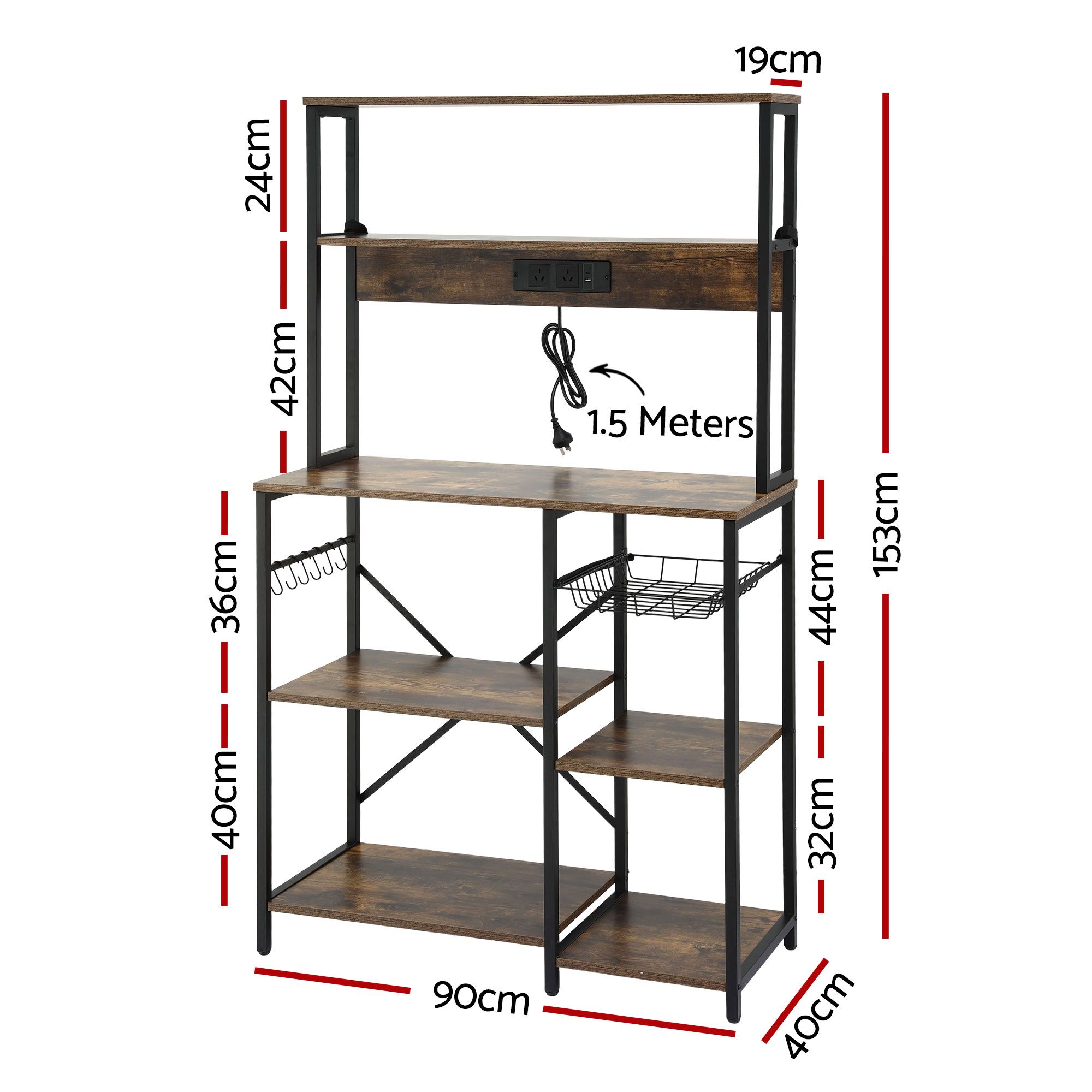 Artiss 5-Tier Kitchen Rack with Power Outlets 90CMX153CM Microwave Storage Shelf - Image 3