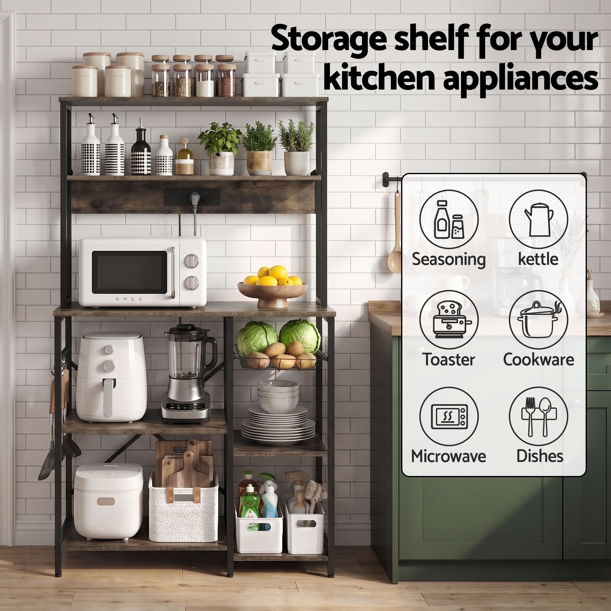 Artiss 5-Tier Kitchen Rack with Power Outlets 90CMX153CM Microwave Storage Shelf - Image 5