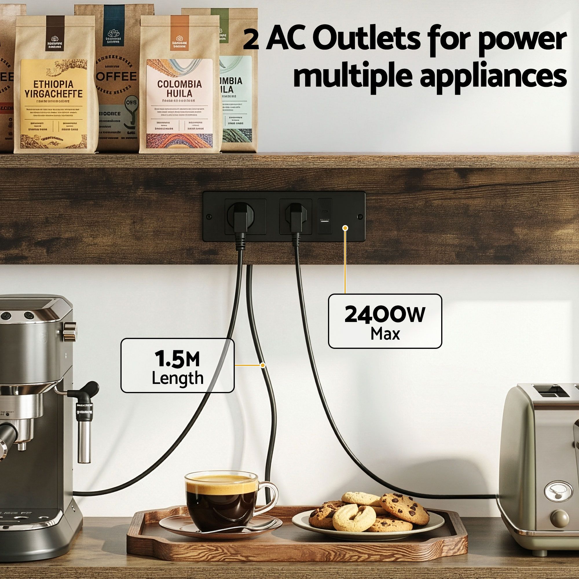 Artiss 5-Tier Kitchen Rack with Power Outlets 90CMX153CM Microwave Storage Shelf - Image 6