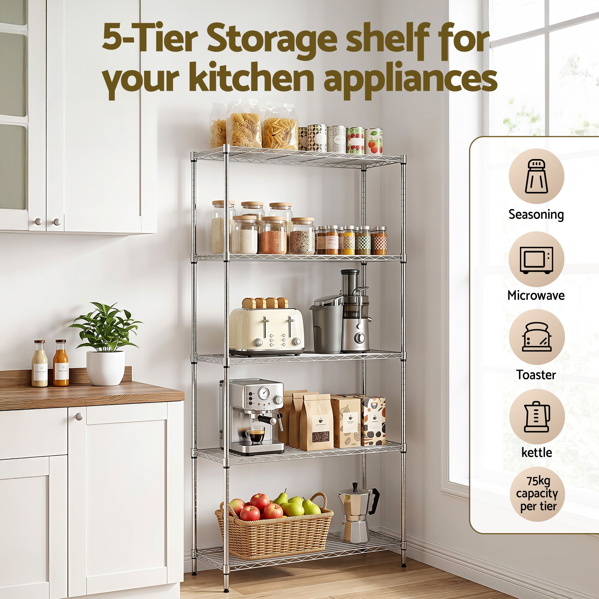 Artiss 5-Tier Kitchen Rack Shelf Shelving 90x35x182CM Adjustable Metal Storage Shelves - Image 5