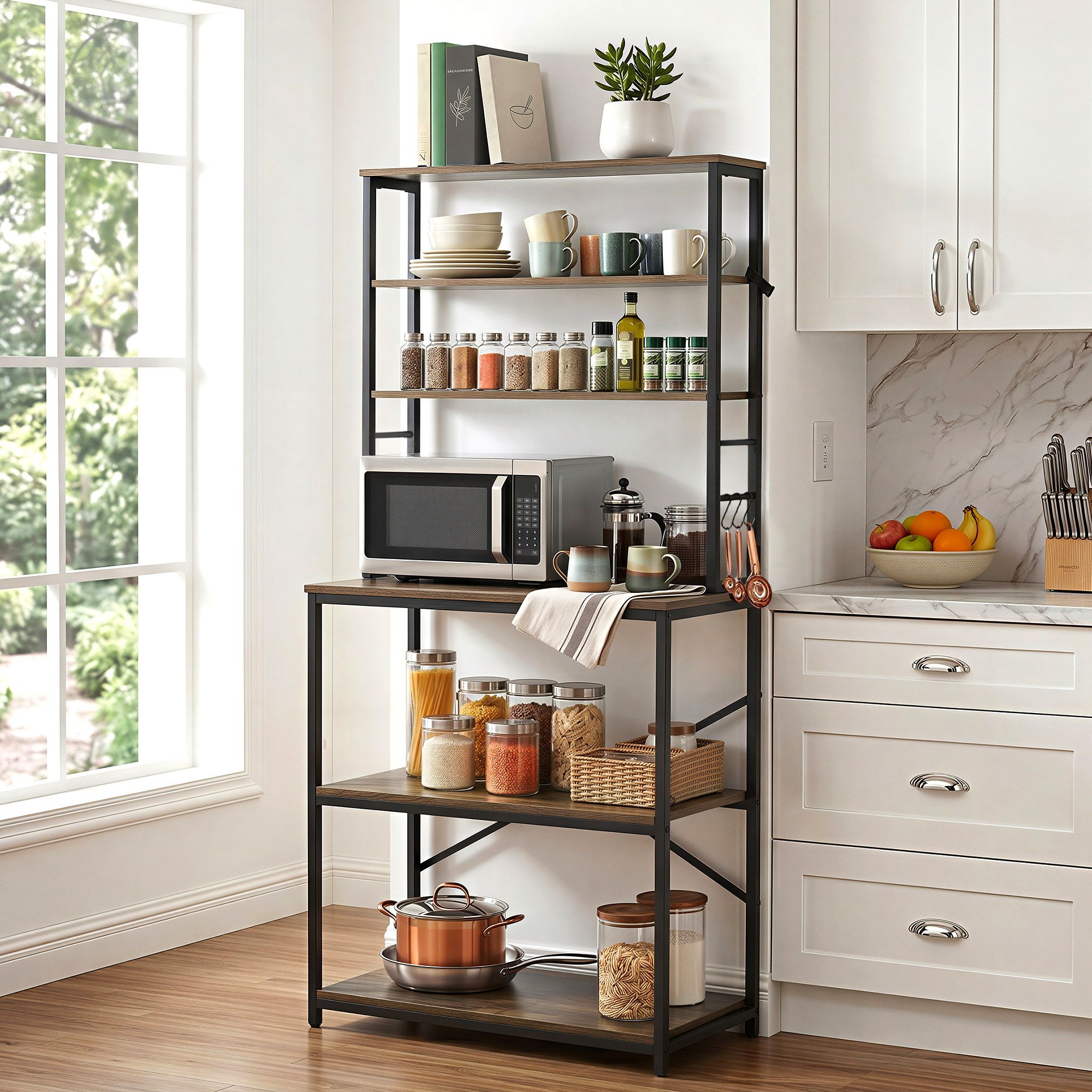 Artiss 6-Tier Kitchen Rack with 6 Hooks Microwave Storage Shelf 80cm x 167cm - Image 1