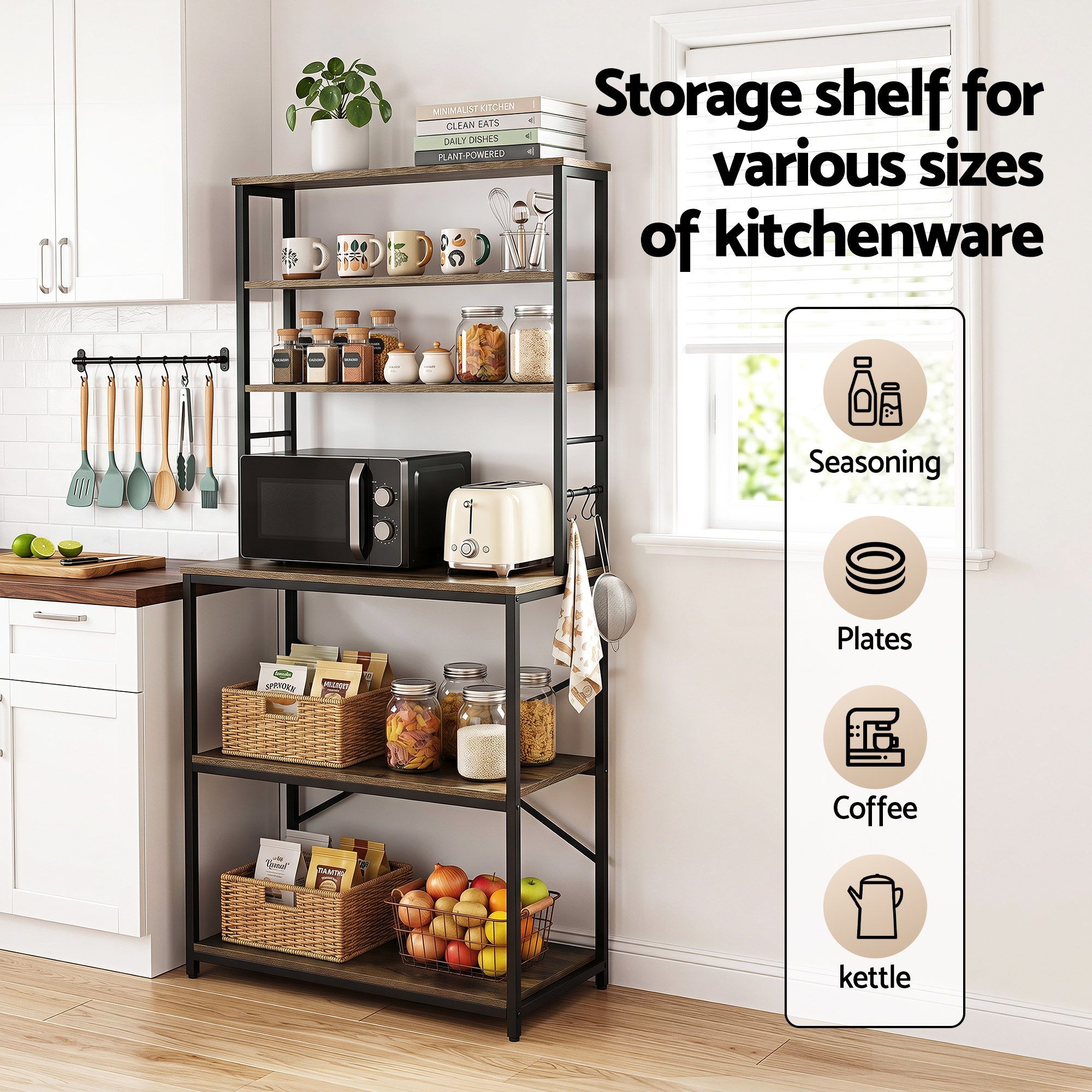 Artiss 6-Tier Kitchen Rack with 6 Hooks Microwave Storage Shelf 80cm x 167cm - Image 5