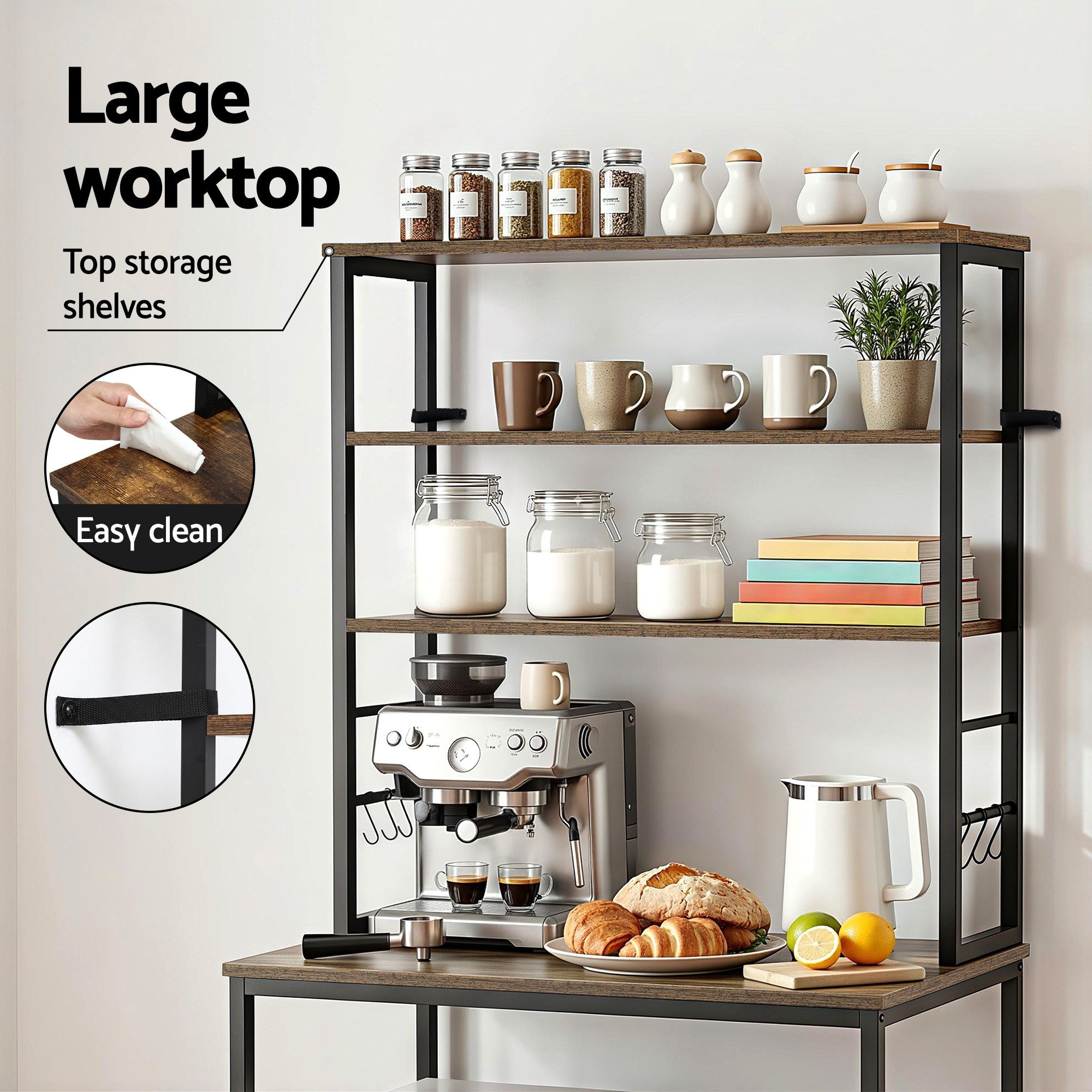 Artiss 6-Tier Kitchen Rack with 6 Hooks Microwave Storage Shelf 80cm x 167cm - Image 7