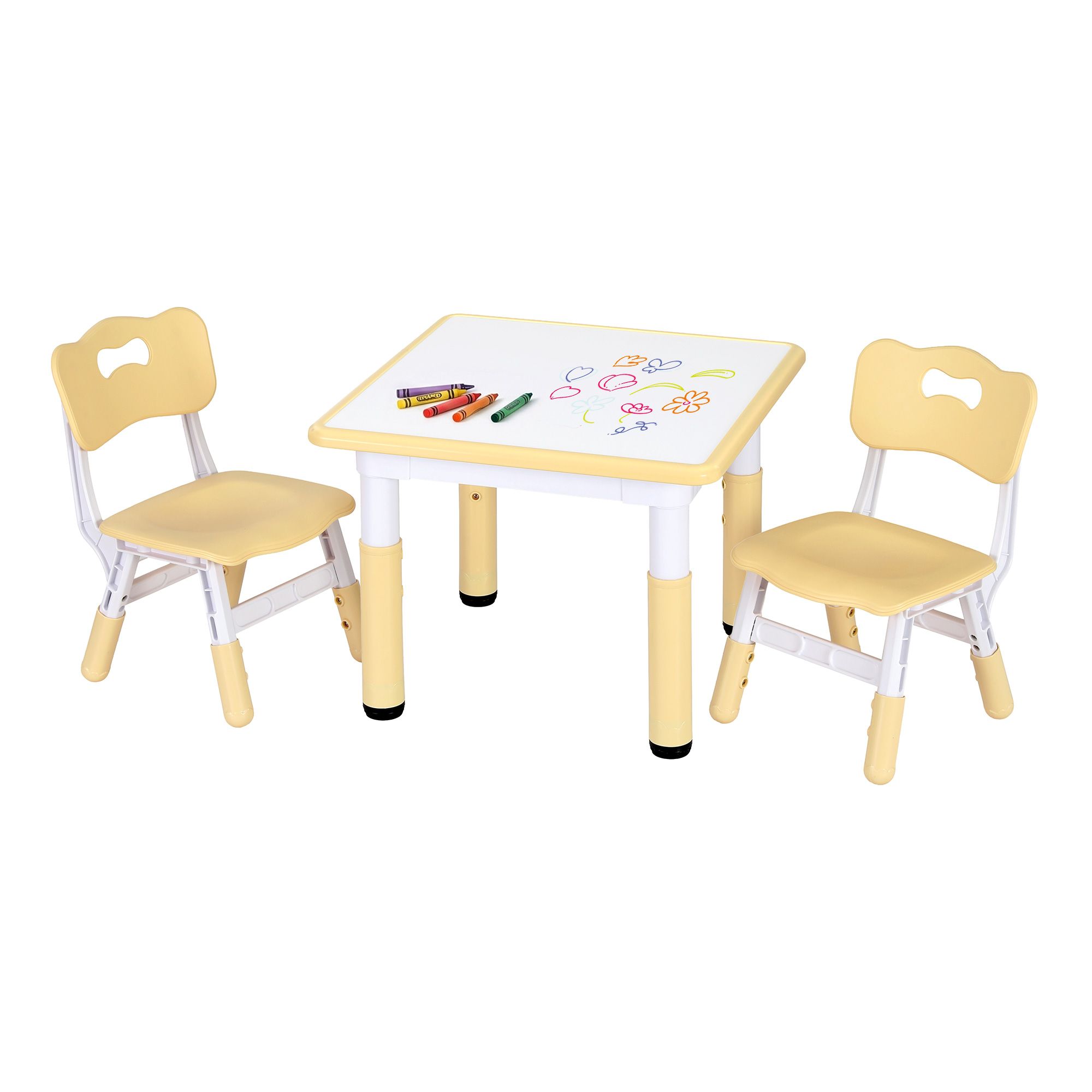 Keezi Kids Table and 2 Chairs Set Height Adjustable Toddler Desk and Chair Set for Ages 3-8, Activity Table with Graffiti Desktop for Learning Drawing Playing, Yellow - Image 1