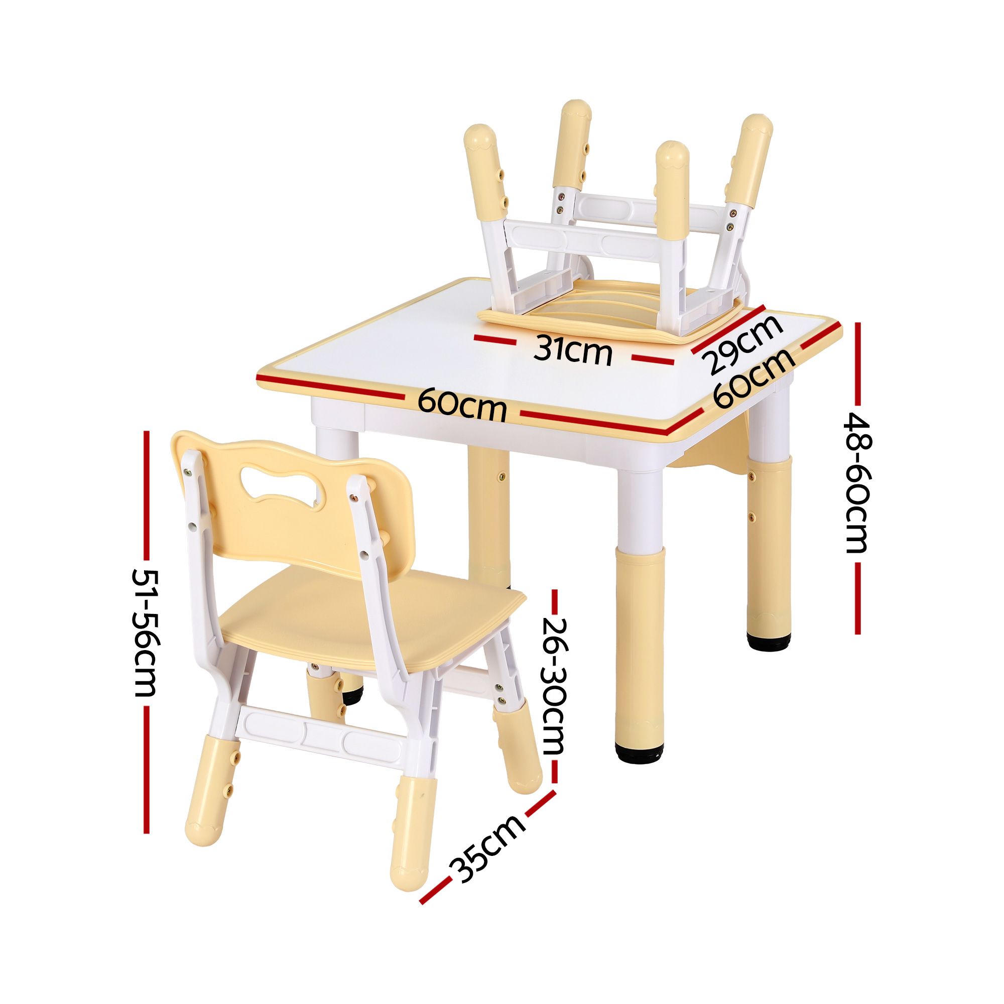 Keezi Kids Table and 2 Chairs Set Height Adjustable Toddler Desk and Chair Set for Ages 3-8, Activity Table with Graffiti Desktop for Learning Drawing Playing, Yellow - Image 2