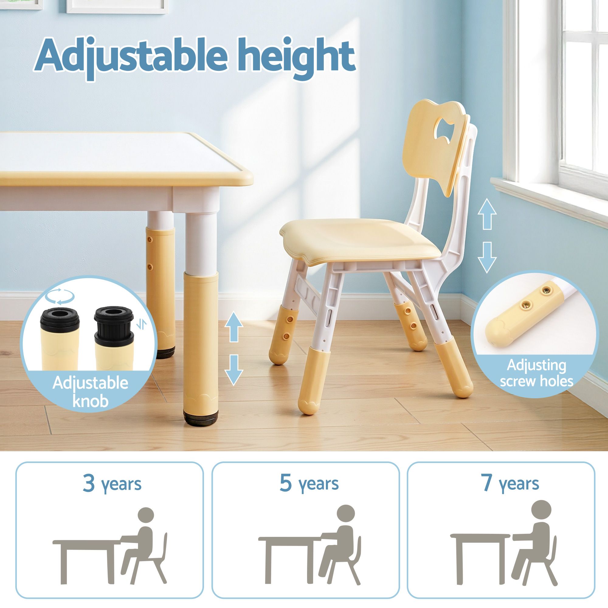 Keezi Kids Table and 2 Chairs Set Height Adjustable Toddler Desk and Chair Set for Ages 3-8, Activity Table with Graffiti Desktop for Learning Drawing Playing, Yellow - Image 4