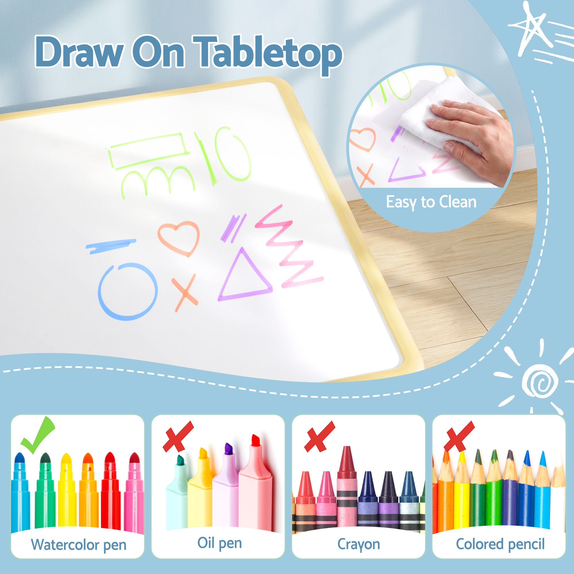 Keezi Kids Table and 2 Chairs Set Height Adjustable Toddler Desk and Chair Set for Ages 3-8, Activity Table with Graffiti Desktop for Learning Drawing Playing, Yellow - Image 5