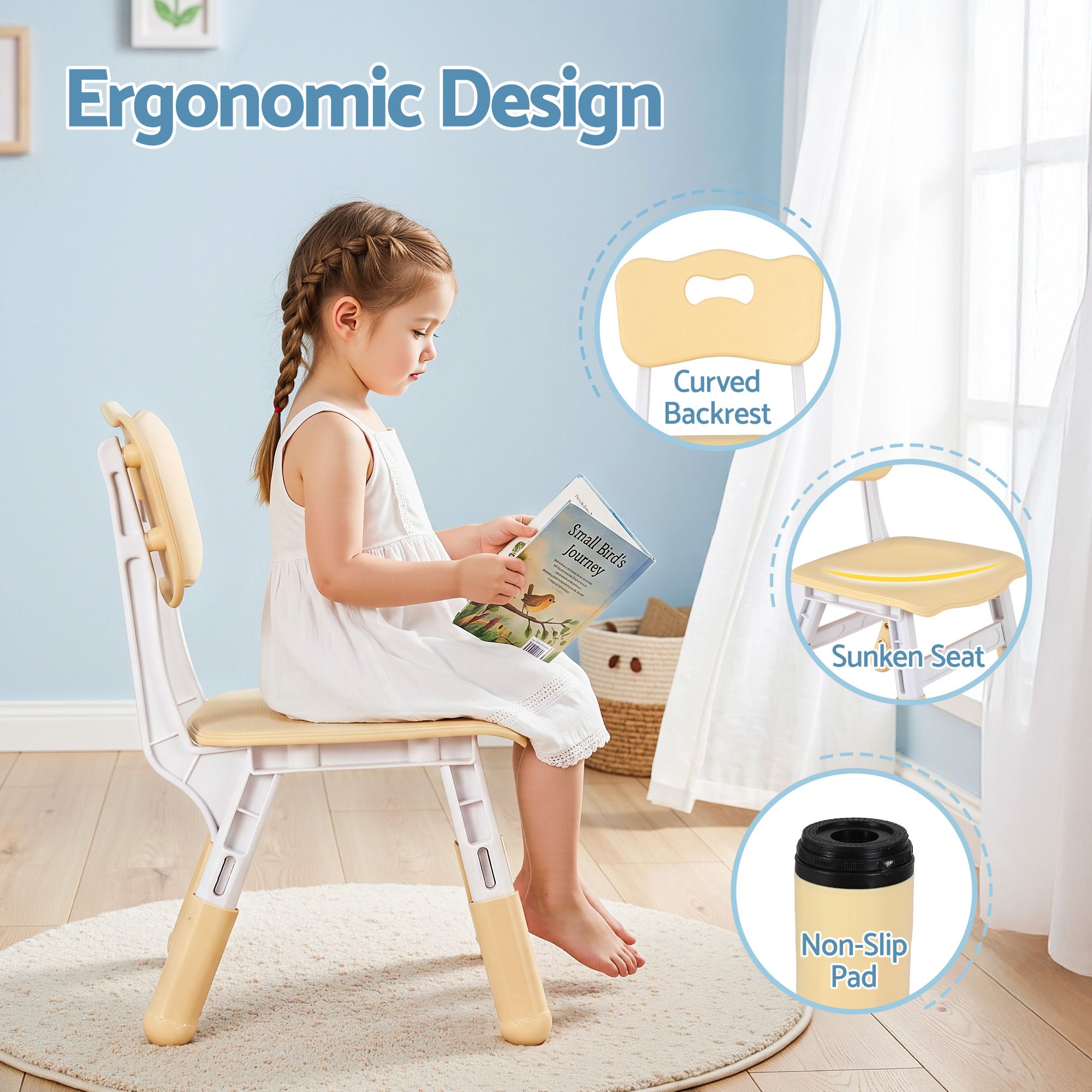 Keezi Kids Table and 2 Chairs Set Height Adjustable Toddler Desk and Chair Set for Ages 3-8, Activity Table with Graffiti Desktop for Learning Drawing Playing, Yellow - Image 6