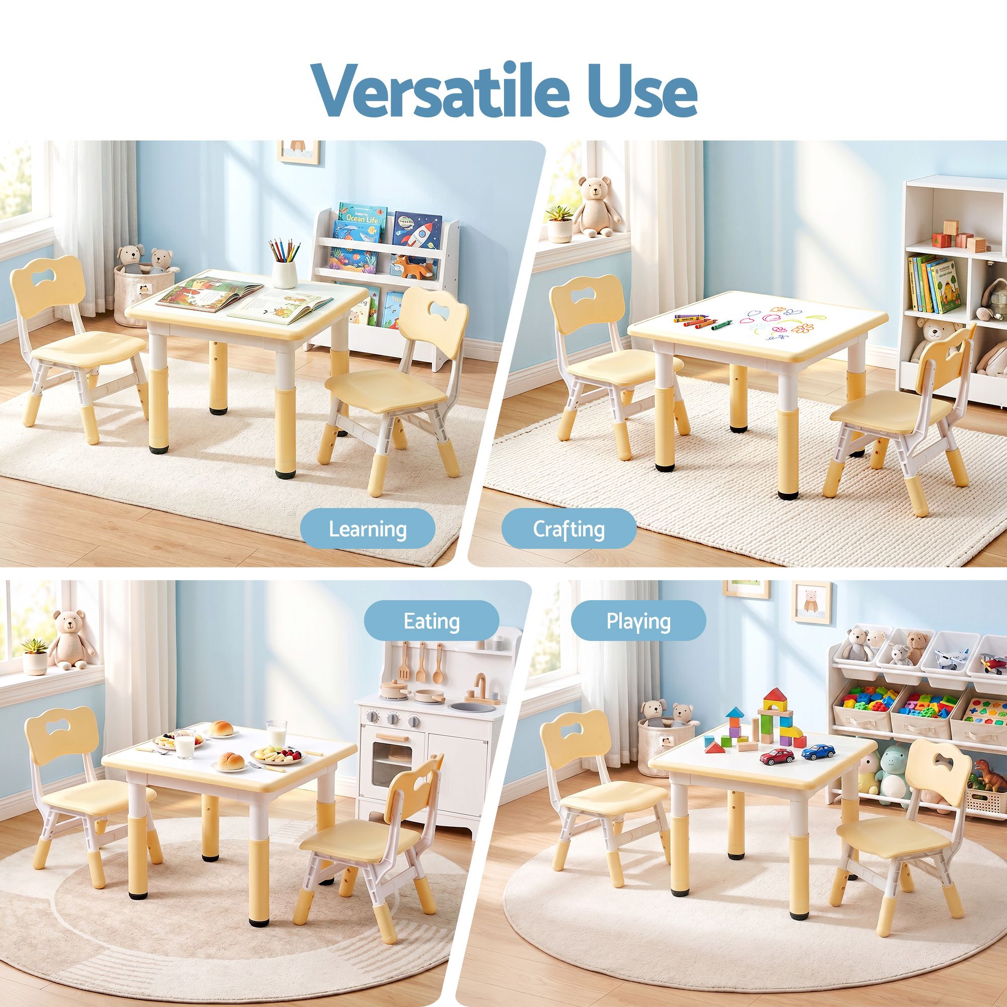 Keezi Kids Table and 2 Chairs Set Height Adjustable Toddler Desk and Chair Set for Ages 3-8, Activity Table with Graffiti Desktop for Learning Drawing Playing, Yellow - Image 7