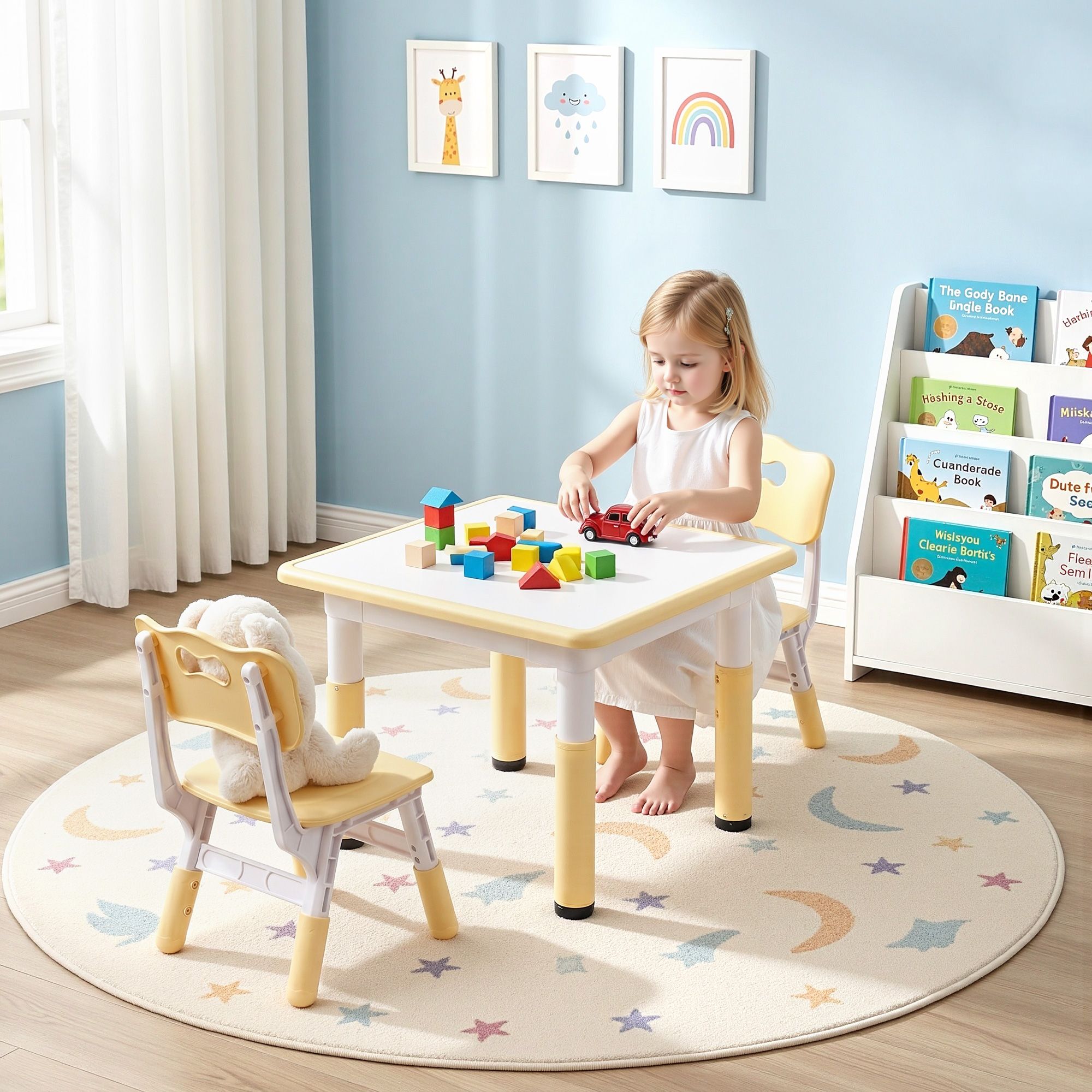 Keezi Kids Table and 2 Chairs Set Height Adjustable Toddler Desk and Chair Set for Ages 3-8, Activity Table with Graffiti Desktop for Learning Drawing Playing, Yellow - Image 8