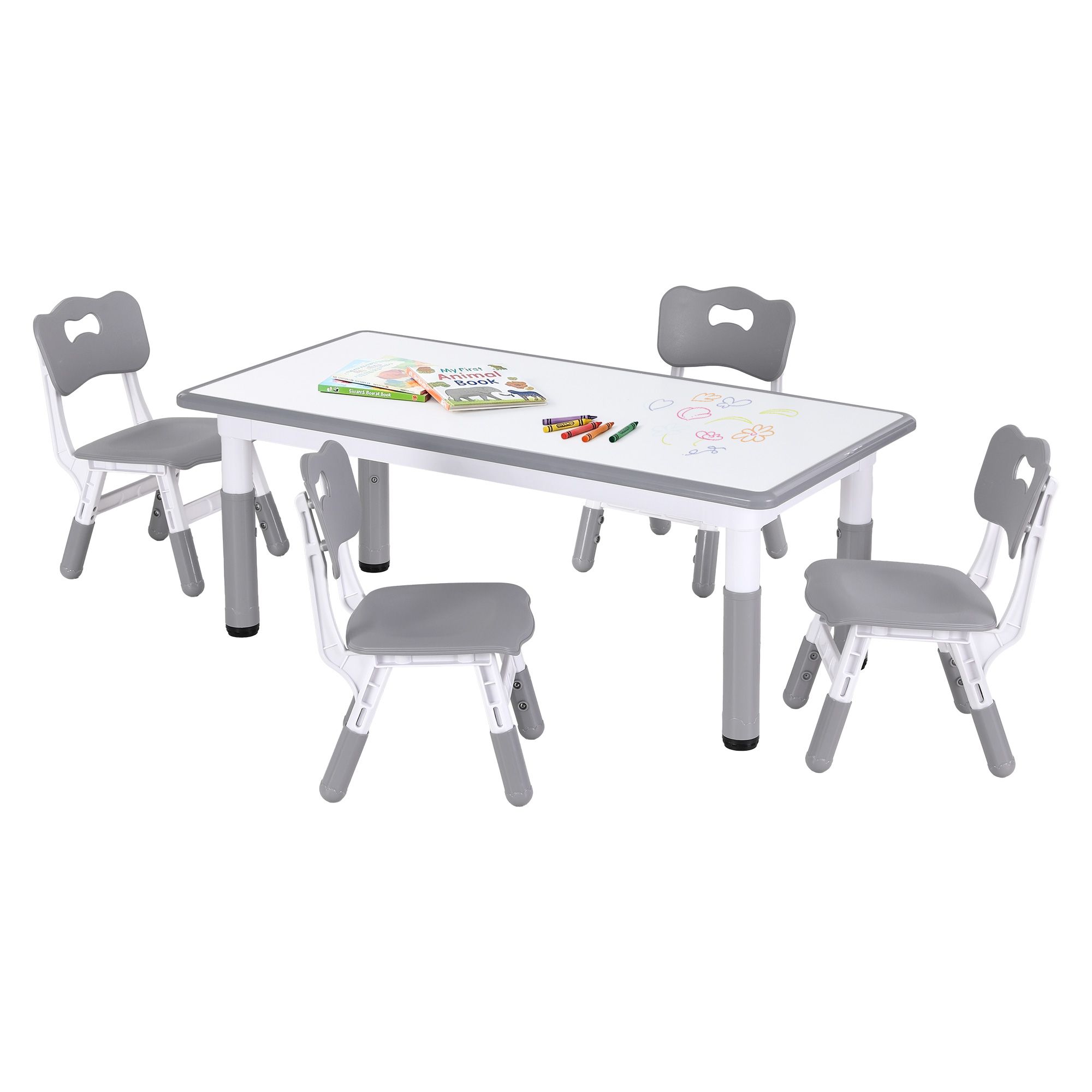Keezi Kids Table and 4 Chairs Set Height Adjustable Toddler Desk and Chair Set for Ages 3-8, Children Activity Table with Graffiti Desktop for Learning Drawing Playing, Grey - Image 1