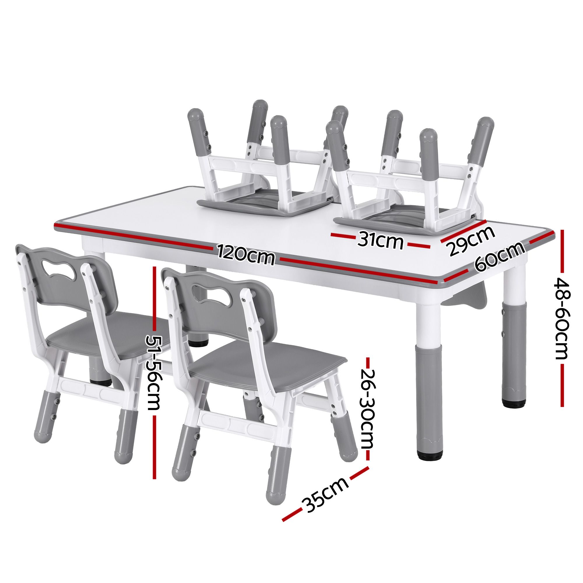 Keezi Kids Table and 4 Chairs Set Height Adjustable Toddler Desk and Chair Set for Ages 3-8, Children Activity Table with Graffiti Desktop for Learning Drawing Playing, Grey - Image 2