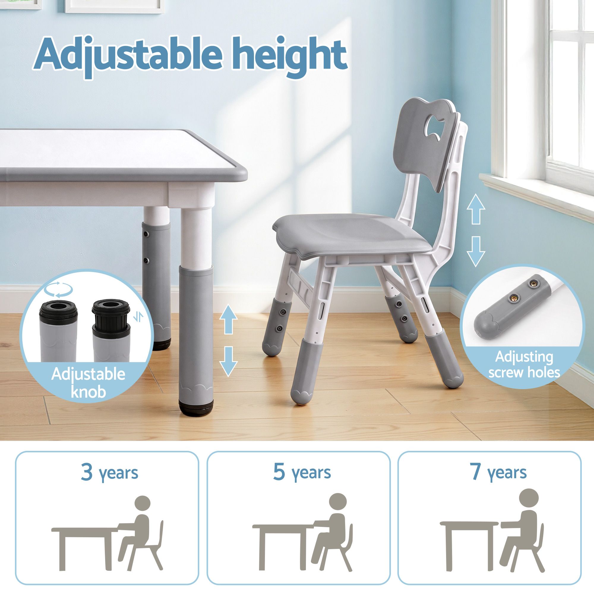 Keezi Kids Table and 4 Chairs Set Height Adjustable Toddler Desk and Chair Set for Ages 3-8, Children Activity Table with Graffiti Desktop for Learning Drawing Playing, Grey - Image 4