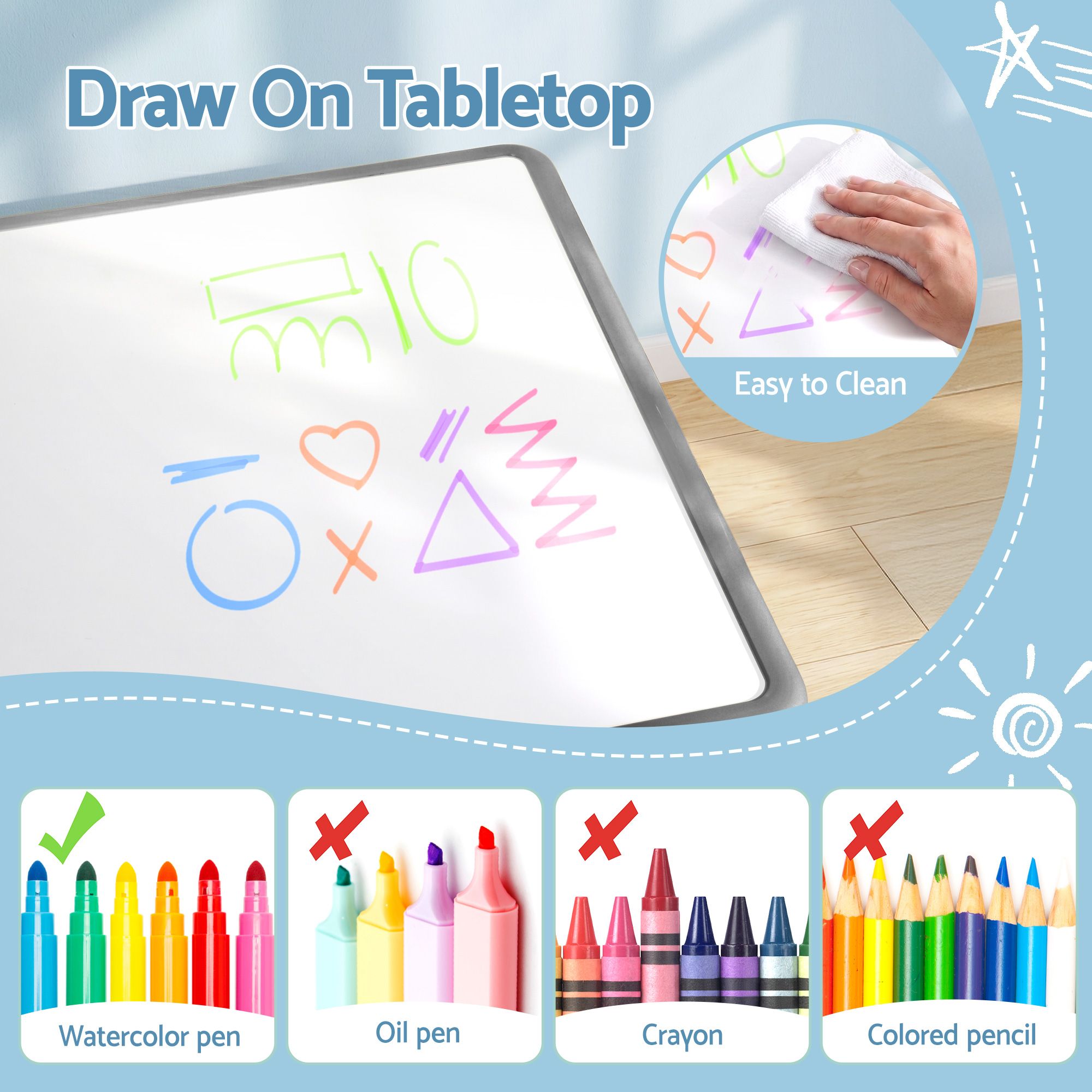 Keezi Kids Table and 4 Chairs Set Height Adjustable Toddler Desk and Chair Set for Ages 3-8, Children Activity Table with Graffiti Desktop for Learning Drawing Playing, Grey - Image 5