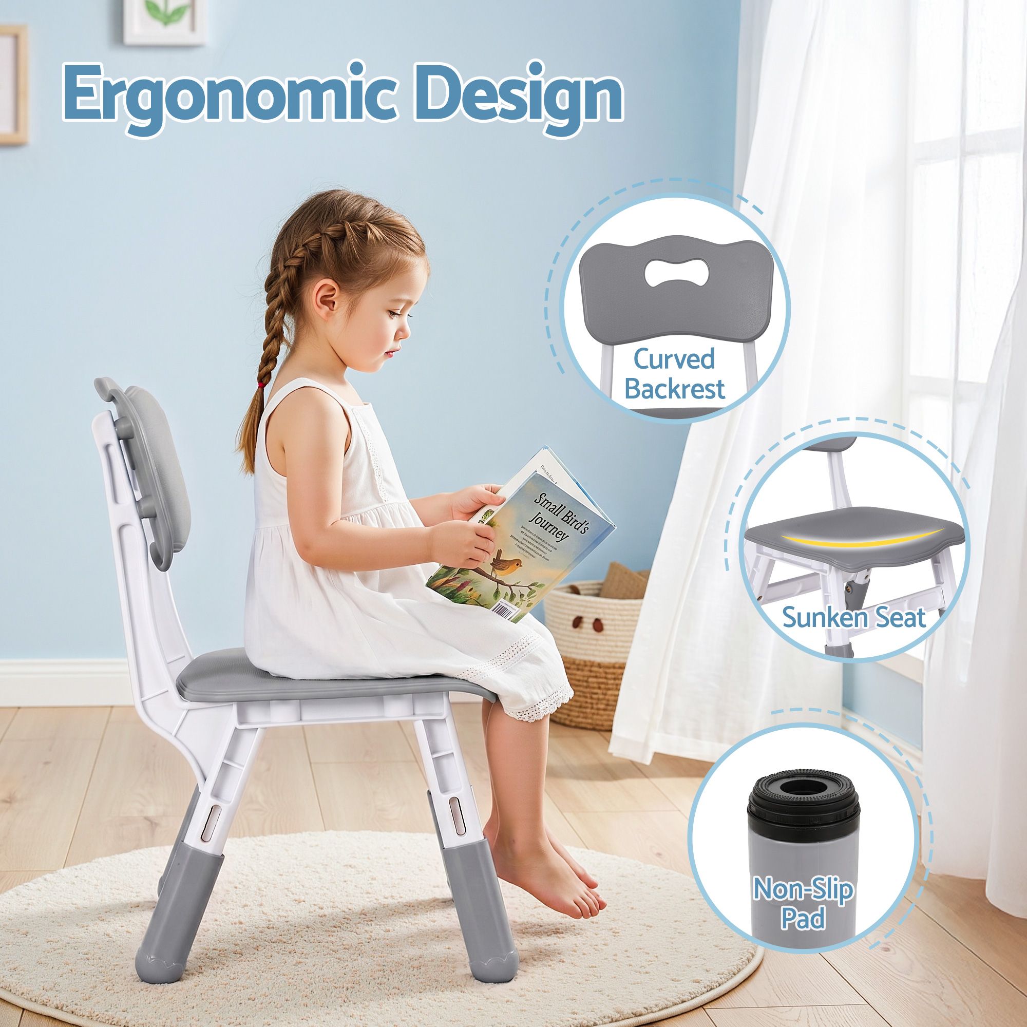 Keezi Kids Table and 4 Chairs Set Height Adjustable Toddler Desk and Chair Set for Ages 3-8, Children Activity Table with Graffiti Desktop for Learning Drawing Playing, Grey - Image 6