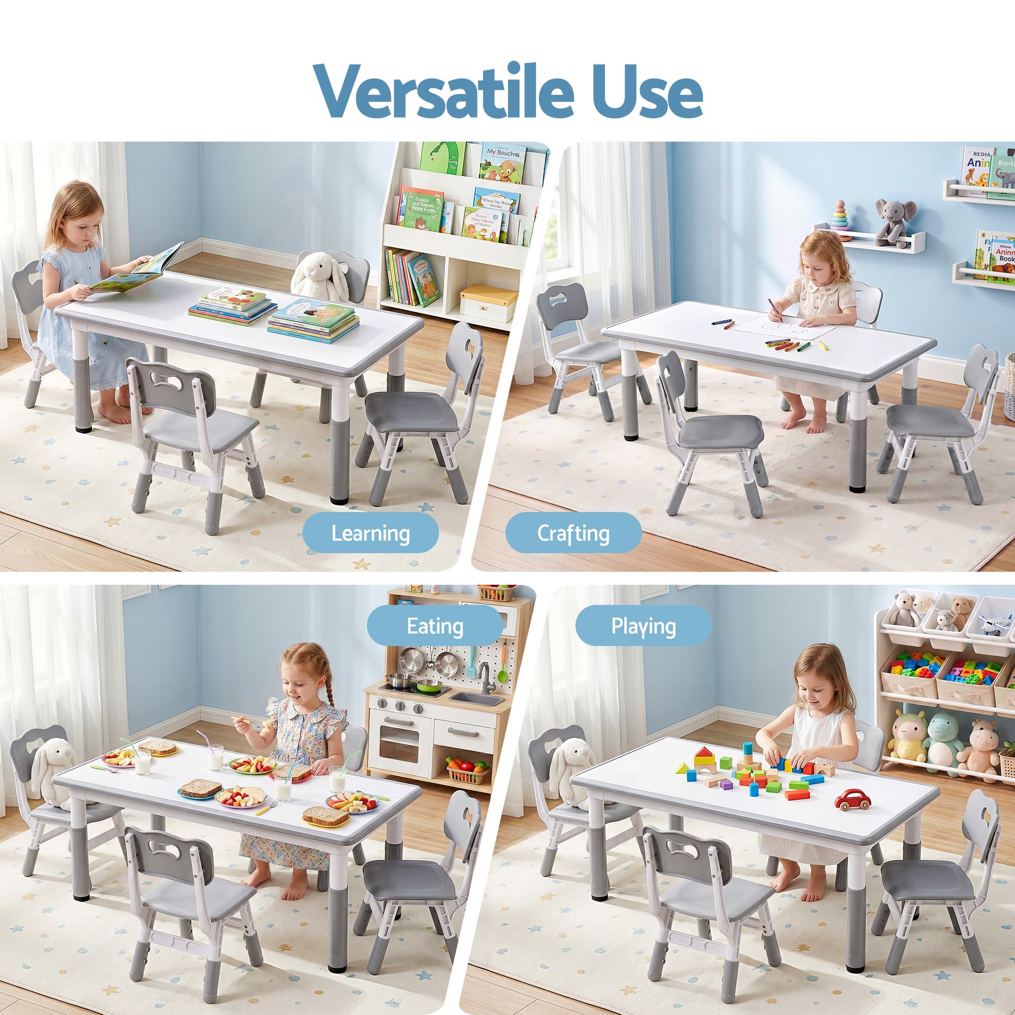 Keezi Kids Table and 4 Chairs Set Height Adjustable Toddler Desk and Chair Set for Ages 3-8, Children Activity Table with Graffiti Desktop for Learning Drawing Playing, Grey - Image 7
