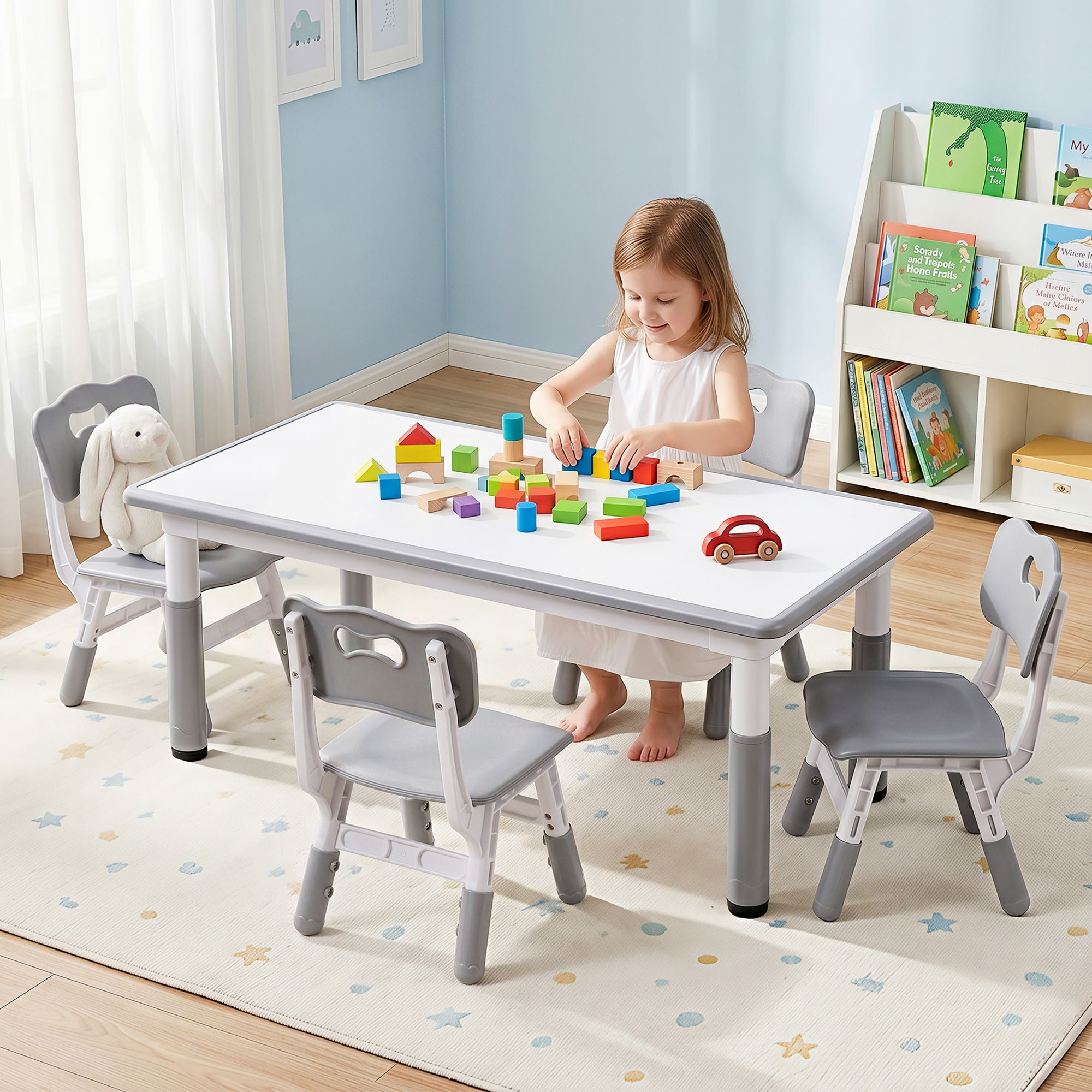 Keezi Kids Table and 4 Chairs Set Height Adjustable Toddler Desk and Chair Set for Ages 3-8, Children Activity Table with Graffiti Desktop for Learning Drawing Playing, Grey - Image 8