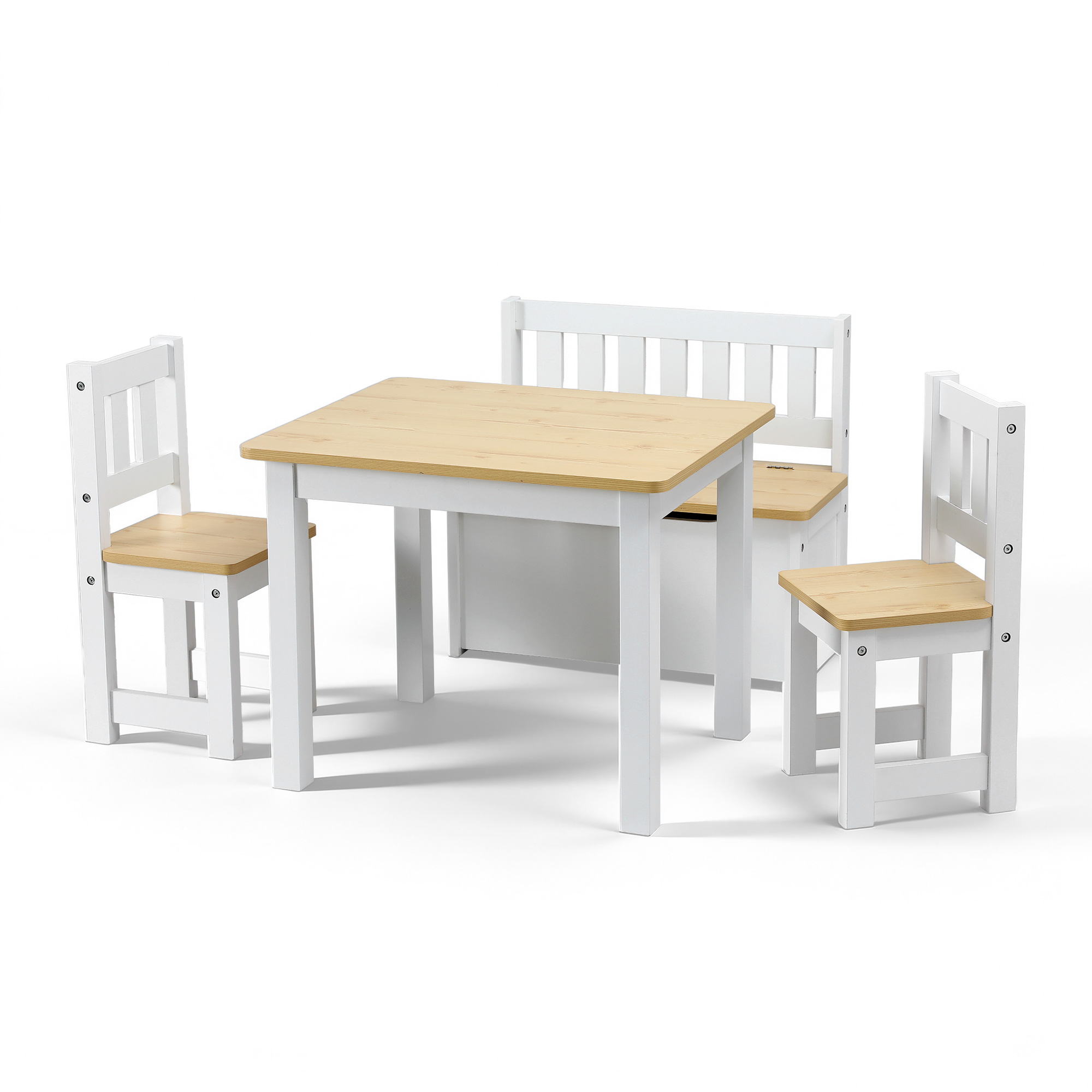 Keezi 2 in 1 Kids Table and Chair Set, Activity Table with Storage Bench and 2 Chairs for Reading, Drawing, Writing, Snack Time & Arts Crafts, 4 PCS Toddler Table and Chair Set, Natural - Image 1