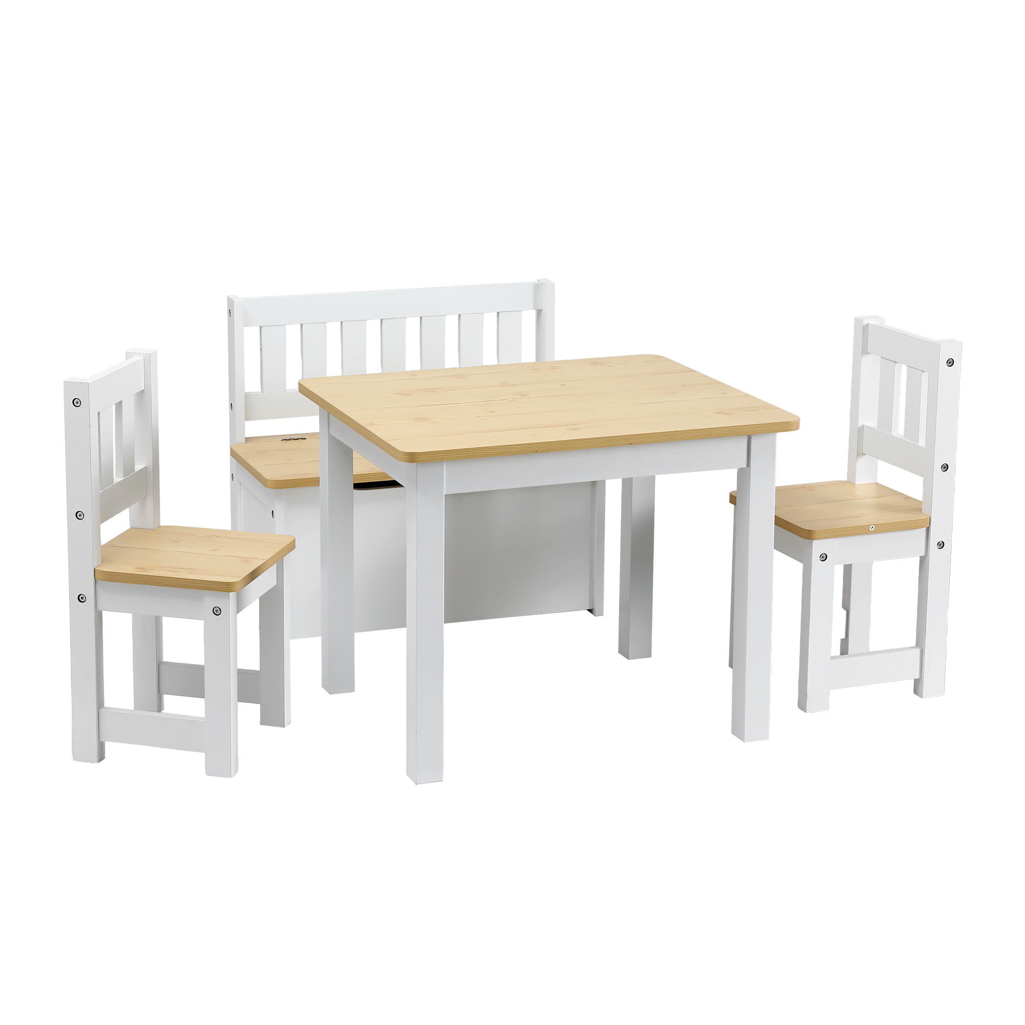 Keezi 2 in 1 Kids Table and Chair Set, Activity Table with Storage Bench and 2 Chairs for Reading, Drawing, Writing, Snack Time & Arts Crafts, 4 PCS Toddler Table and Chair Set, Natural - Image 3
