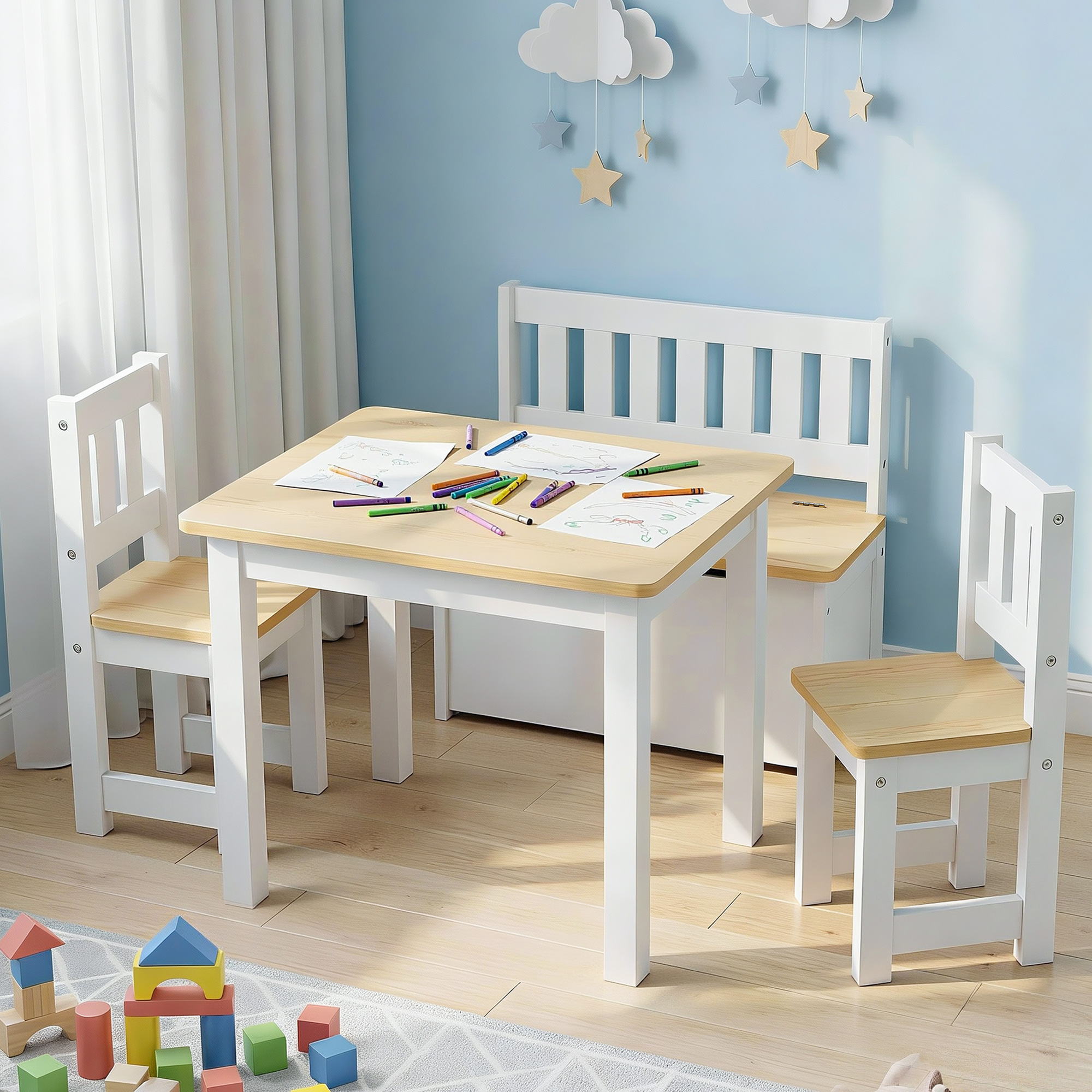Keezi 2 in 1 Kids Table and Chair Set, Activity Table with Storage Bench and 2 Chairs for Reading, Drawing, Writing, Snack Time & Arts Crafts, 4 PCS Toddler Table and Chair Set, Natural - Image 8