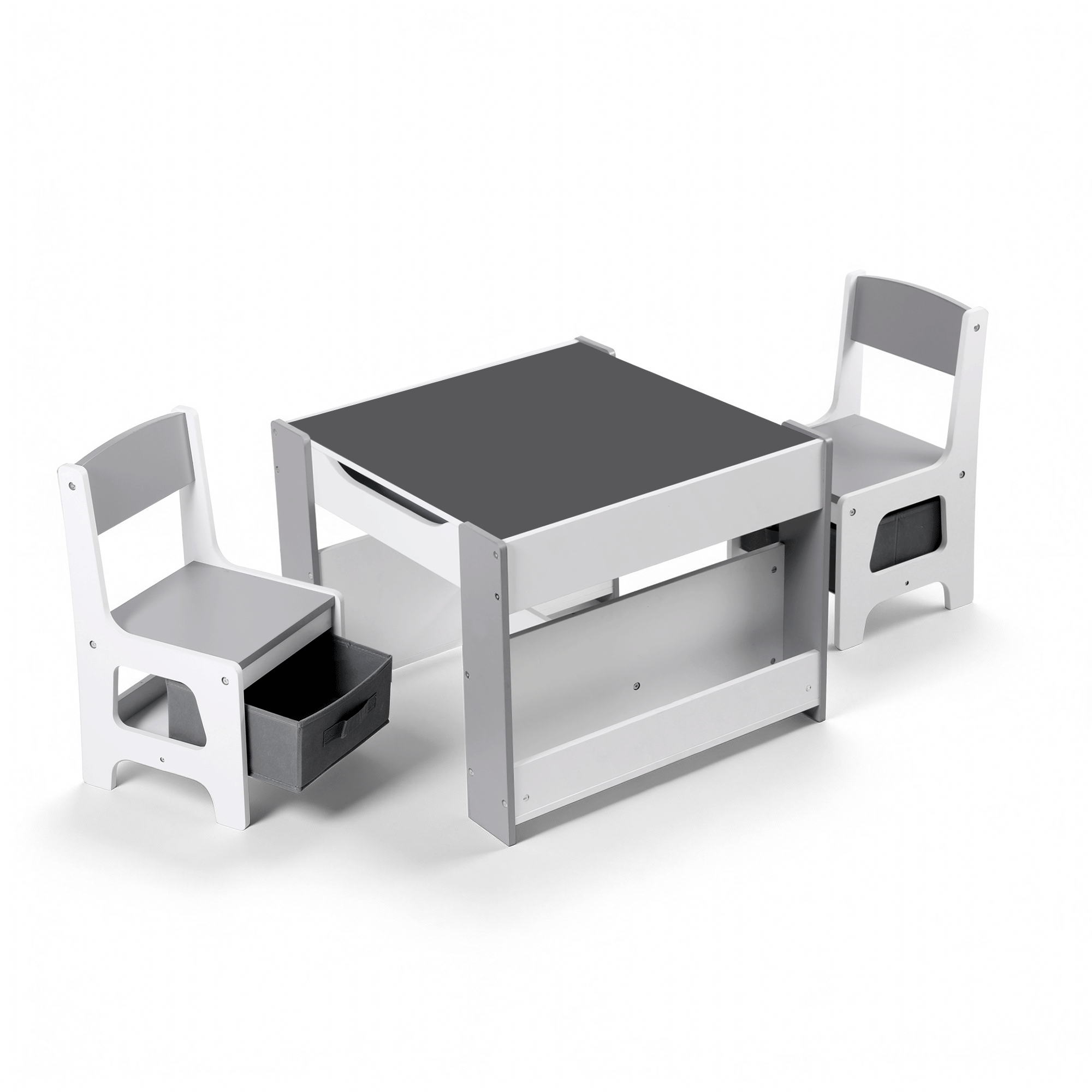 Keezi Kids Table and Chair Set, 4 in 1 Wooden Activity Table with Bookcase, Storage Box and Detachable Blackboard, Toddler Table and 2 Chairs Set, Grey - Image 1