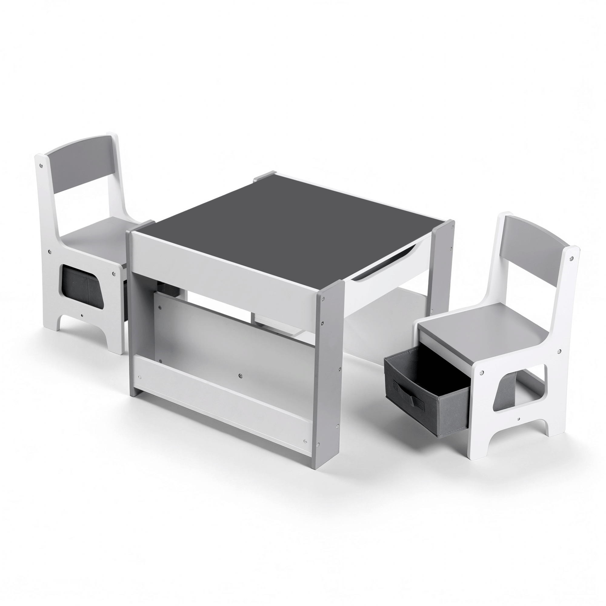 Keezi Kids Table and Chair Set, 4 in 1 Wooden Activity Table with Bookcase, Storage Box and Detachable Blackboard, Toddler Table and 2 Chairs Set, Grey - Image 3
